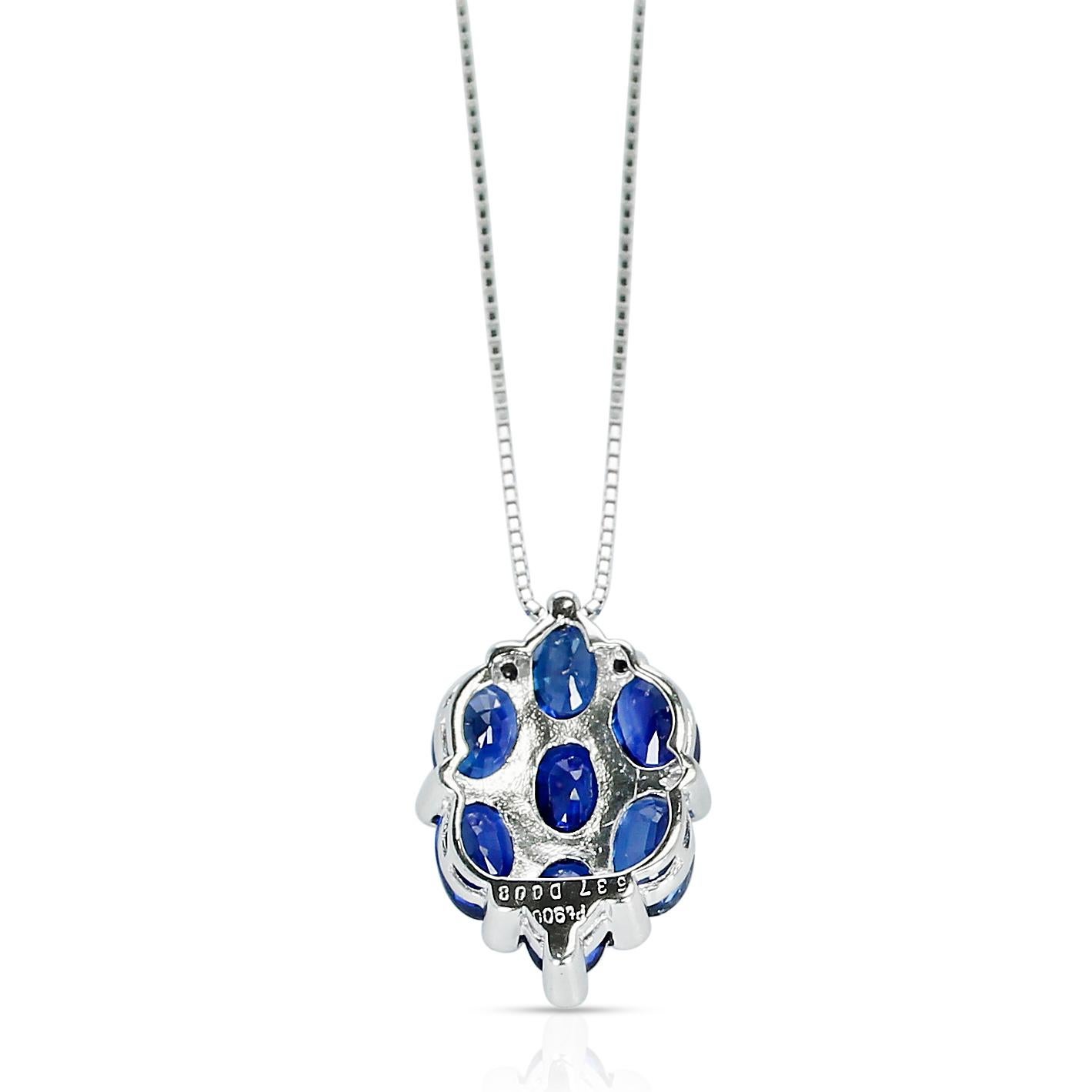 Oval Cut 5.37 Ct. Seven Oval-Shape Blue Sapphire and 0.08 Ct. Diamonds Pendant Necklace For Sale