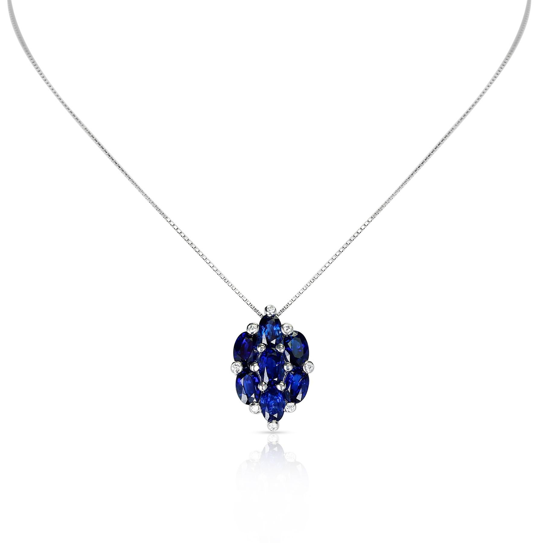 5.37 Ct. Seven Oval-Shape Blue Sapphire and 0.08 Ct. Diamonds Pendant Necklace In Excellent Condition For Sale In New York, NY