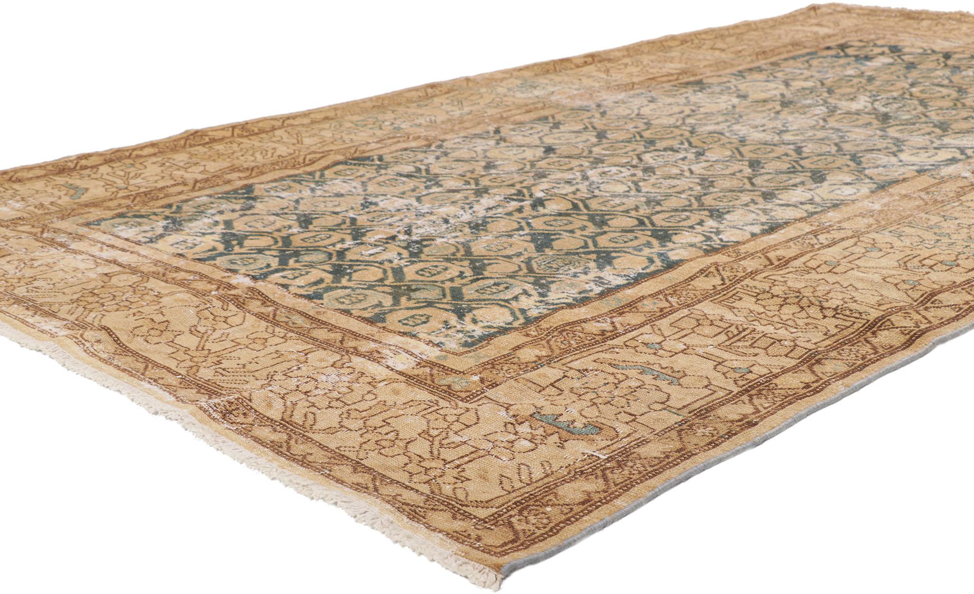 53738 Distressed Antique-Worn Persian Malayer Rug, 05'01 x 09'00.
Behold the majestic weathered beauty of this hand knotted wool antique Persian Malayer rug. Adorned with an allover boteh motif design, this Persian gallery rug boasts a rustic yet