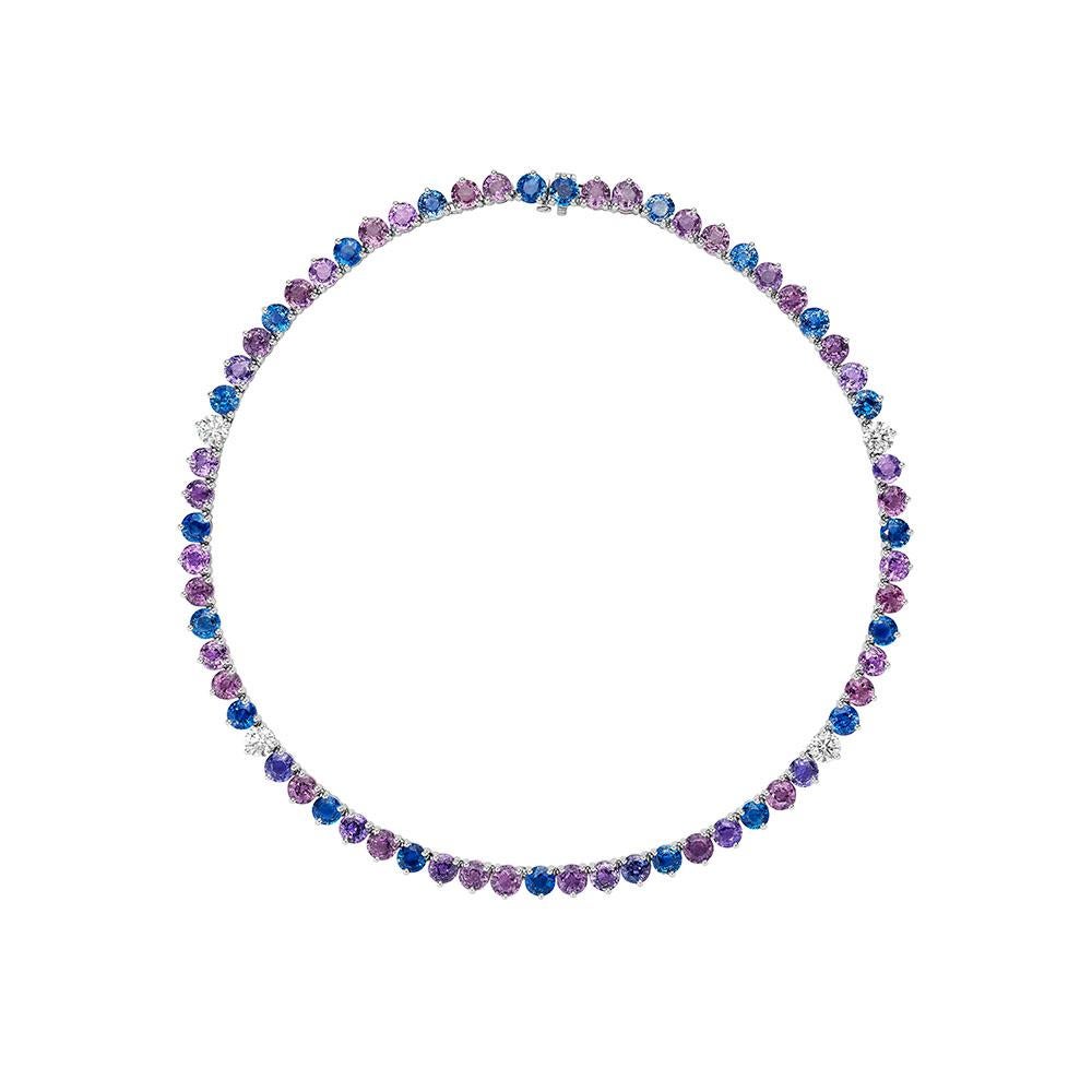 Modern 53.78ct Sapphire & Diamond Tennis Necklace in 18KT Gold For Sale