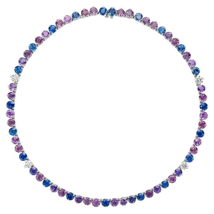 53.78ct Sapphire & Diamond Tennis Necklace in 18KT Gold For Sale
