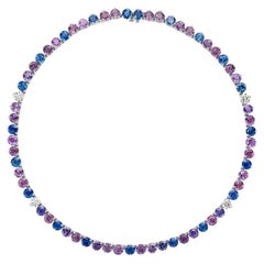 53.78ct Sapphire & Diamond Tennis Necklace in 18KT Gold