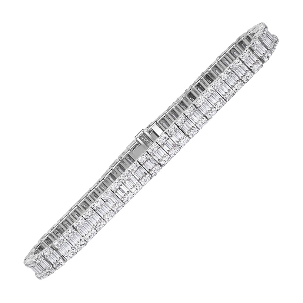 5.37ct Baguette and Round Brilliant Cut Diamond Tennis Bracelet in 18k White For Sale