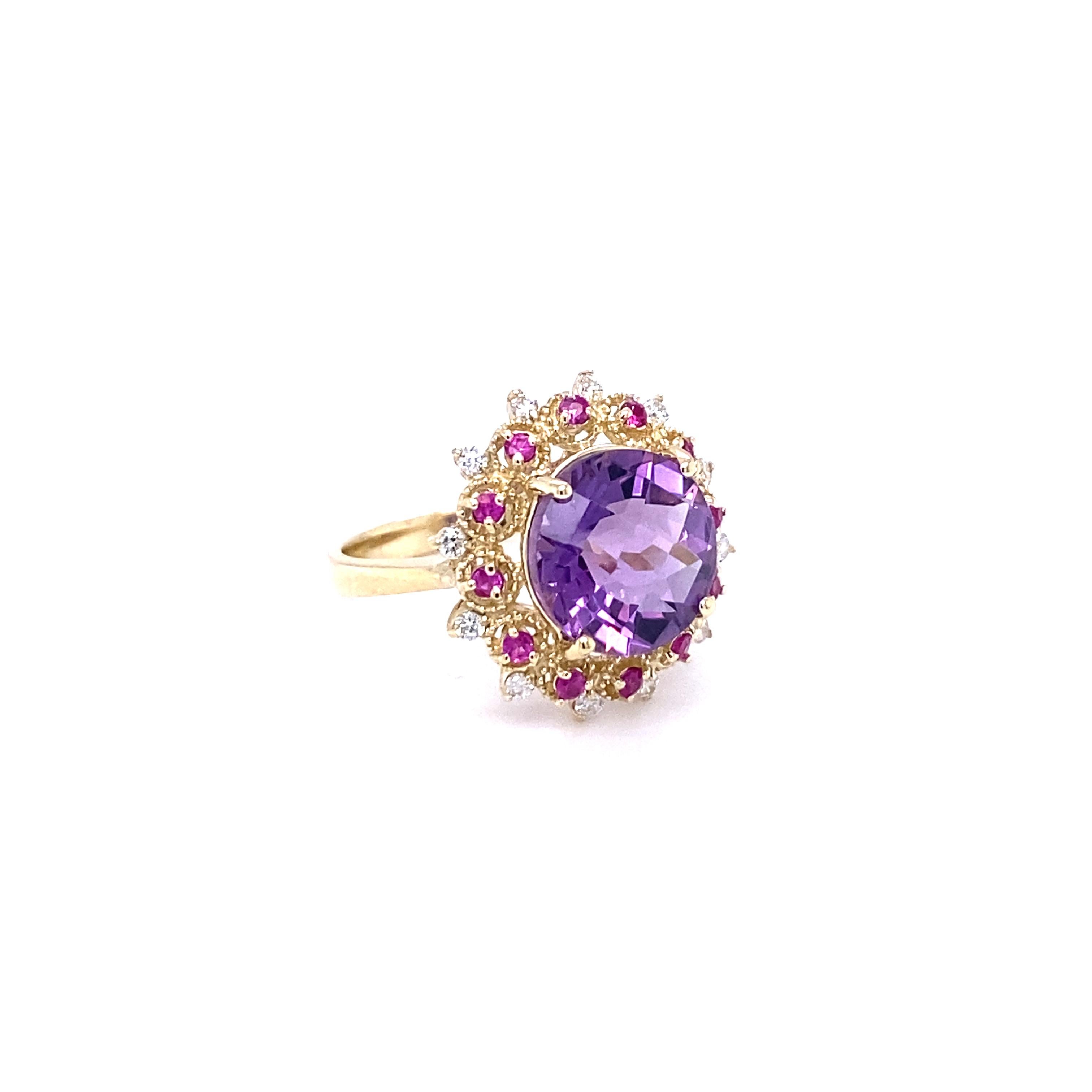 Round Cut Amethyst Pink Sapphire Diamond Yellow Gold Cocktail Ring For Sale