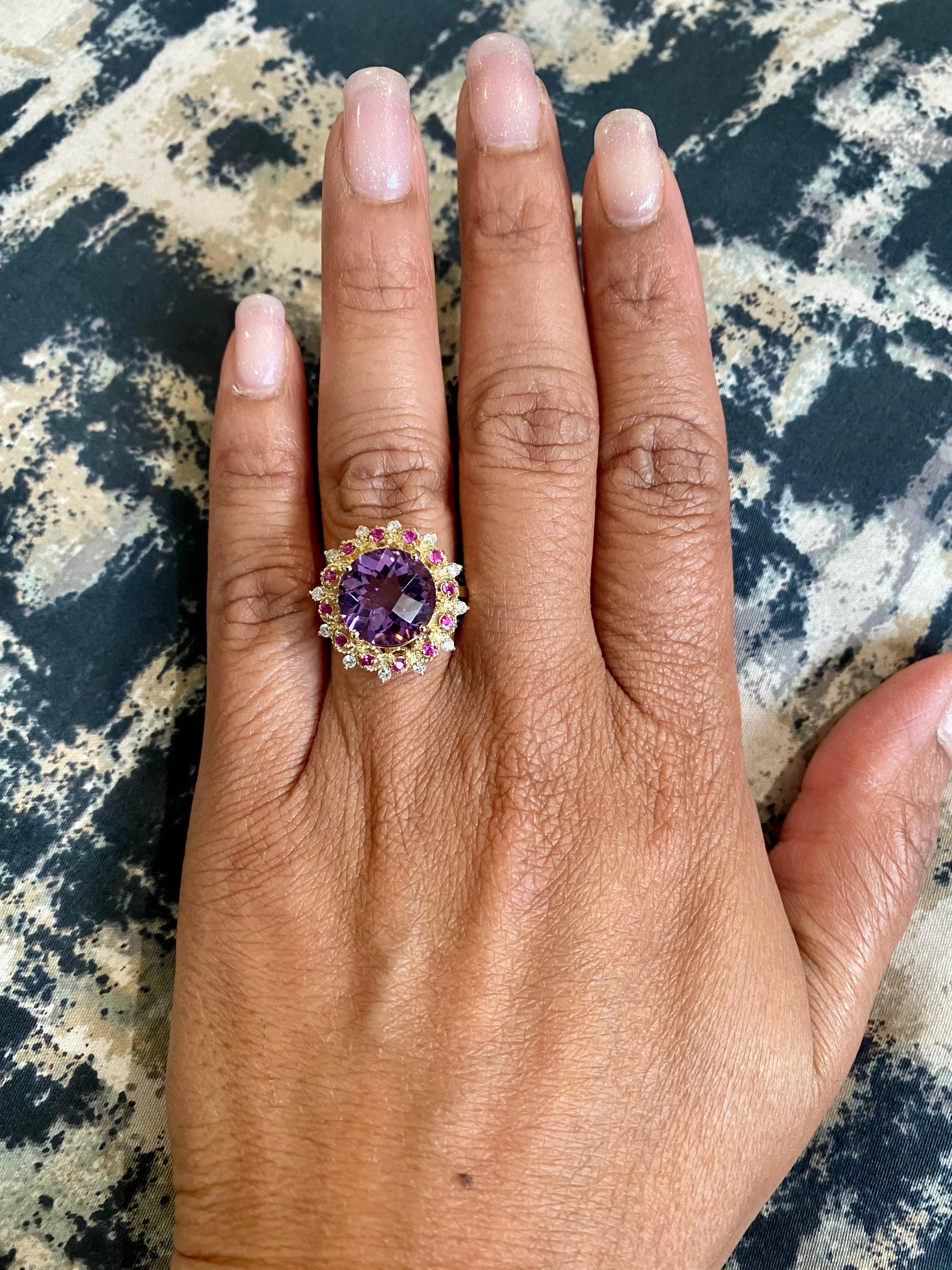 Women's Amethyst Pink Sapphire Diamond Yellow Gold Cocktail Ring For Sale