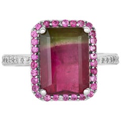 5.38 Carat Bicolored Tourmaline Pink Sapphire and Diamond Ring 14K White Gold