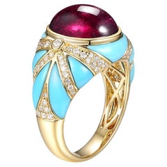 5.38 Carat Cabochon Rubellite Turquoise Diamond Cocktail Ring in 18k Yellow Gold