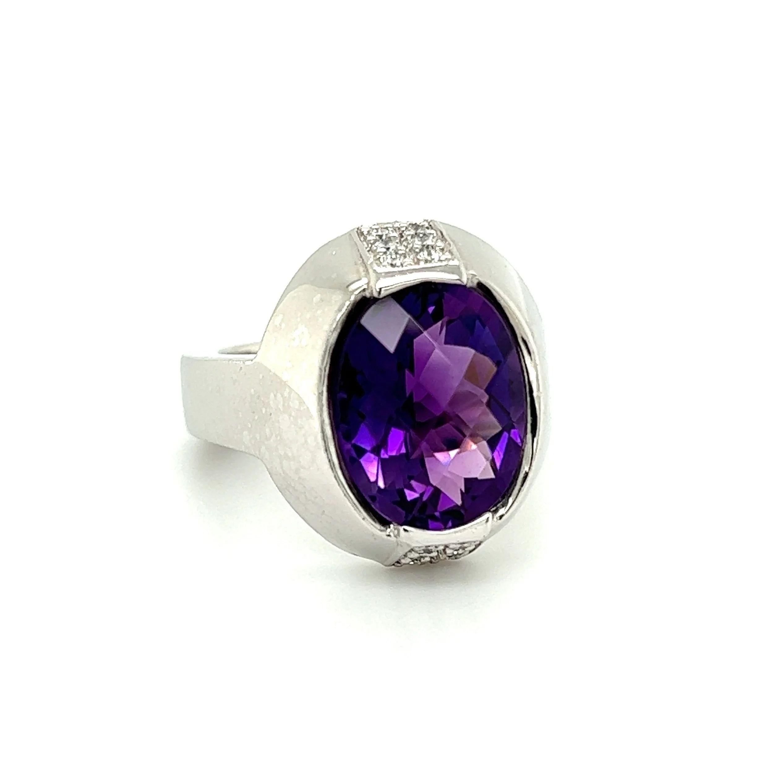 Simply Beautiful! Amethyst and Diamond Vintage Gold Cocktail Ring. Centering a securely nestled 5.38 Carat Checkerboard Amethyst, enhanced with Diamonds, weighing approx. 0.36tcw. Hand crafted 18K White Gold mounting. Approx. Dimensions: 1.09