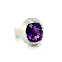 5.38 Carat Checkerboard Amethyst and Diamond Vintage Gold Ring