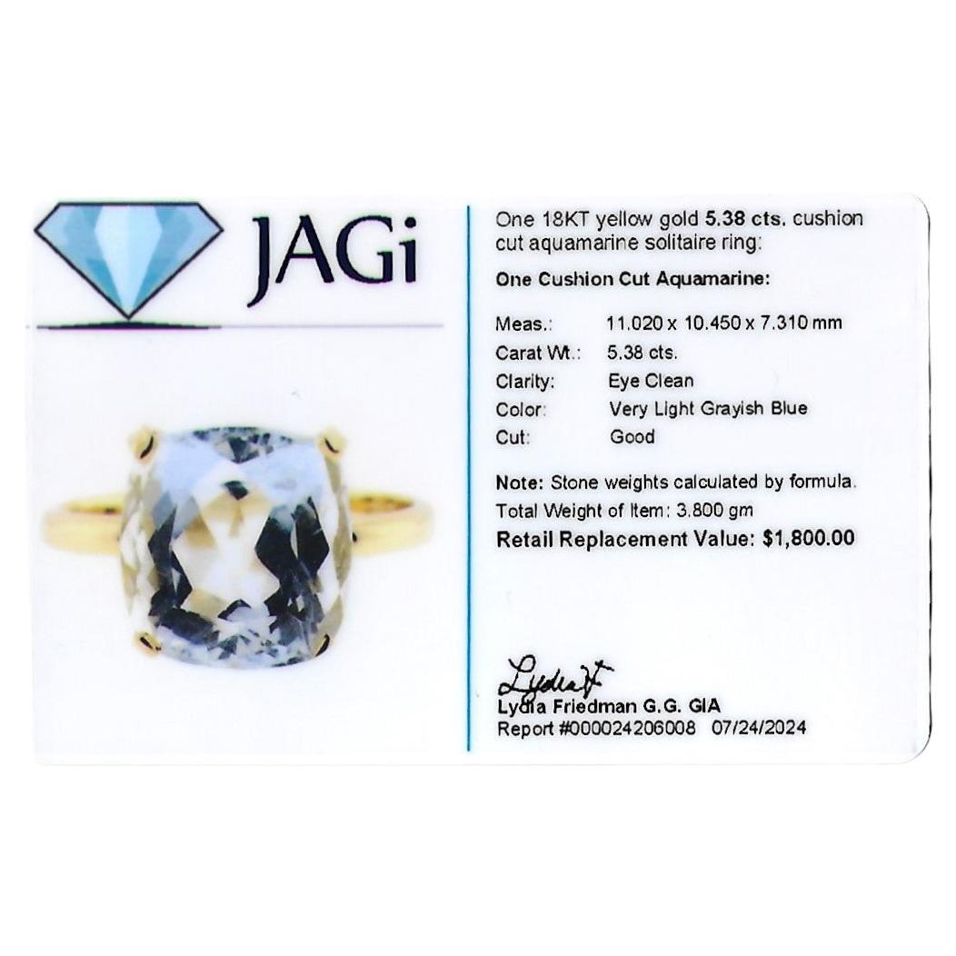 5.38 Carat Cushion Cut Aquamarine Solitaire Ring in 18 Karat Yellow Gold For Sale 7