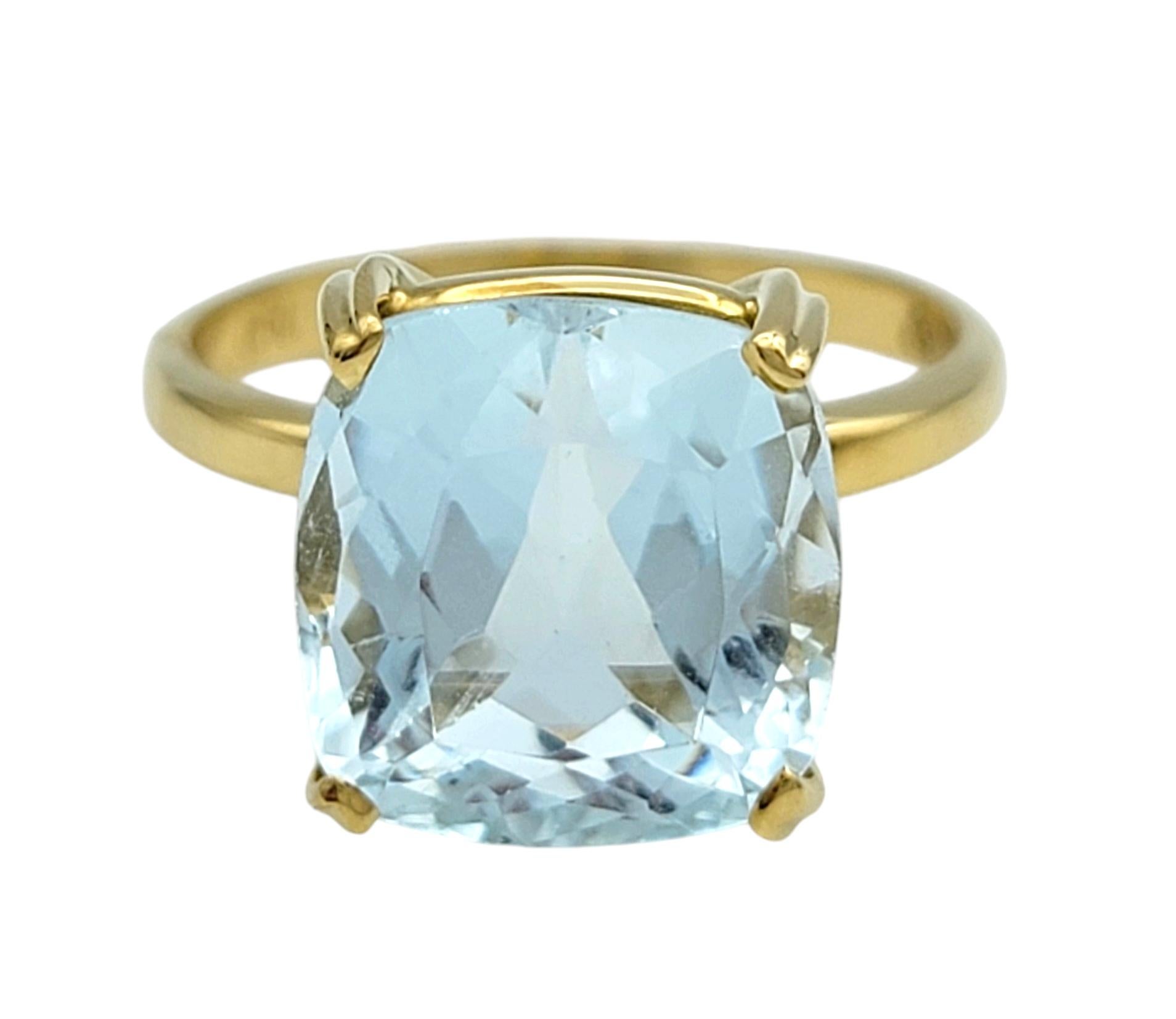 5.38 Carat Cushion Cut Aquamarine Solitaire Ring in 18 Karat Yellow Gold In Good Condition For Sale In Scottsdale, AZ