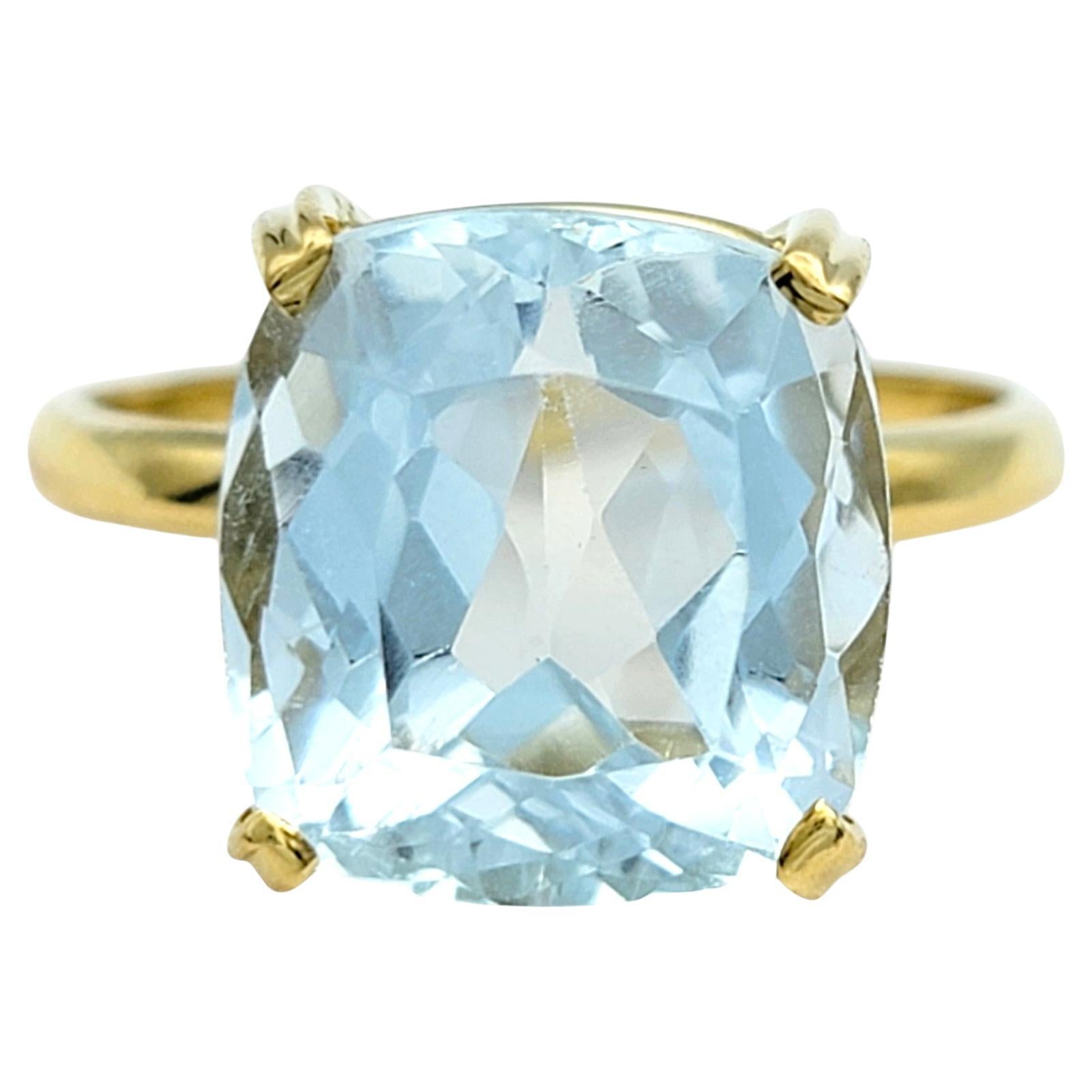 5.38 Carat Cushion Cut Aquamarine Solitaire Ring in 18 Karat Yellow Gold For Sale