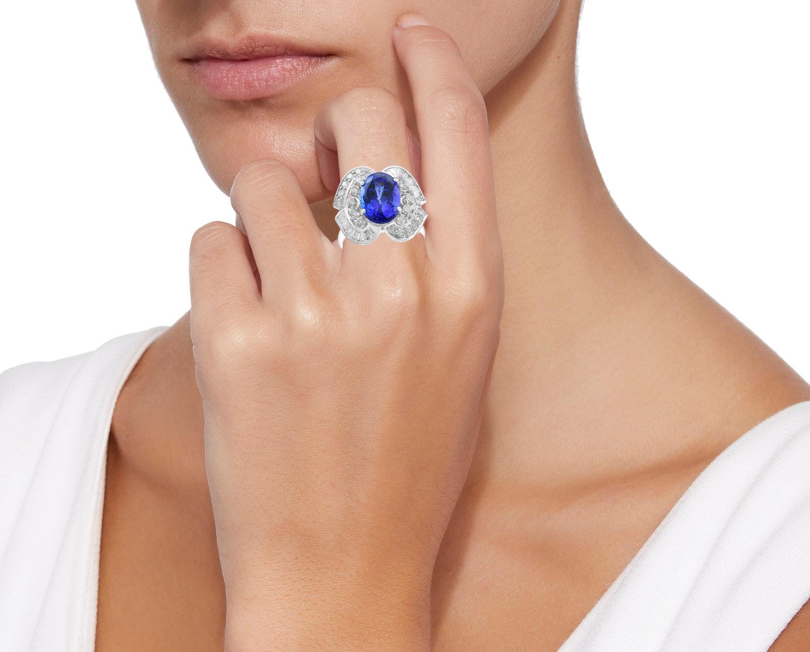 5.38 Carat Oval Tanzanite and Diamond Ring 18 Karat White Gold, Estate For Sale 1