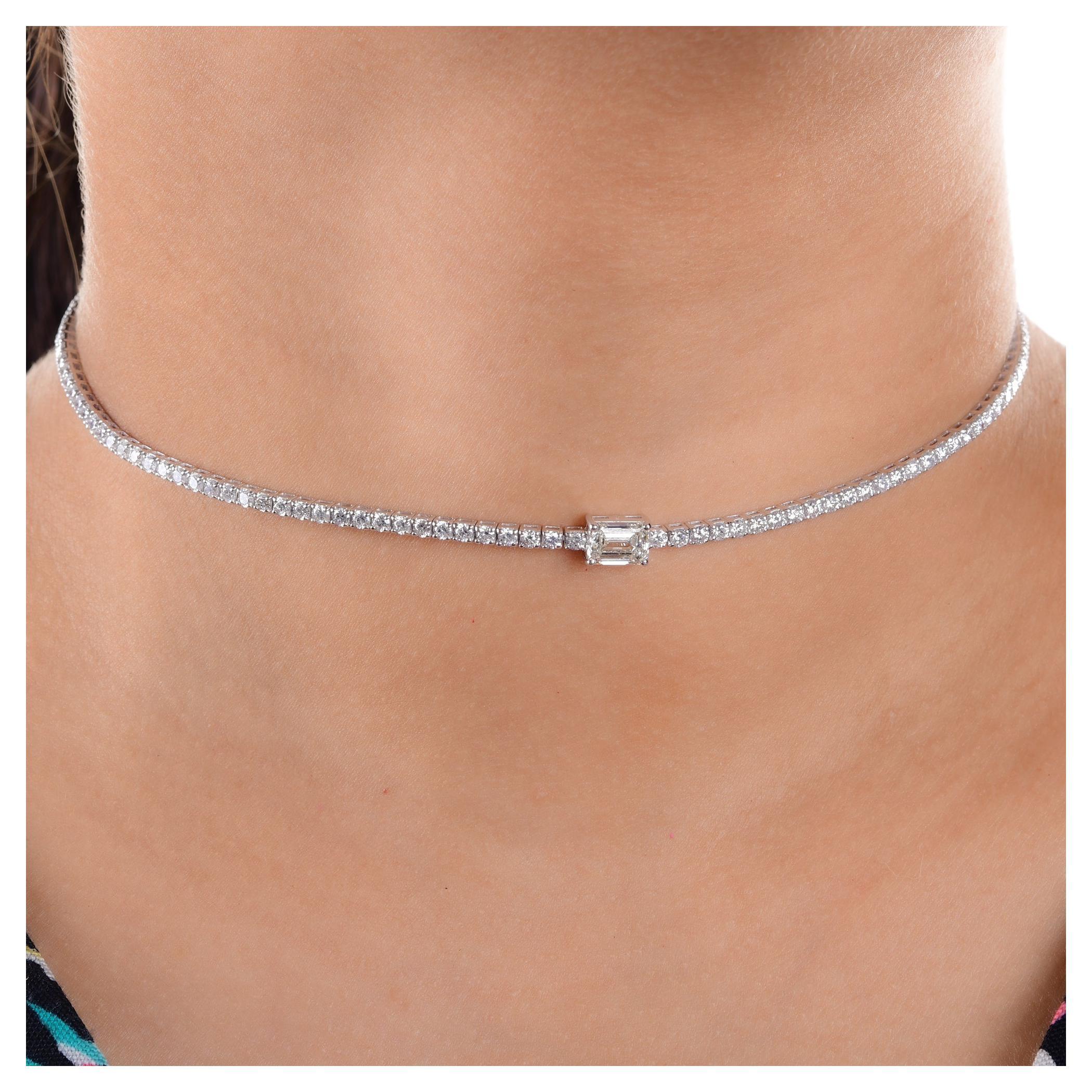 5.38 Carat SI/H Emerald Cut Diamond Choker Necklace 18 Karat Solid White Gold For Sale