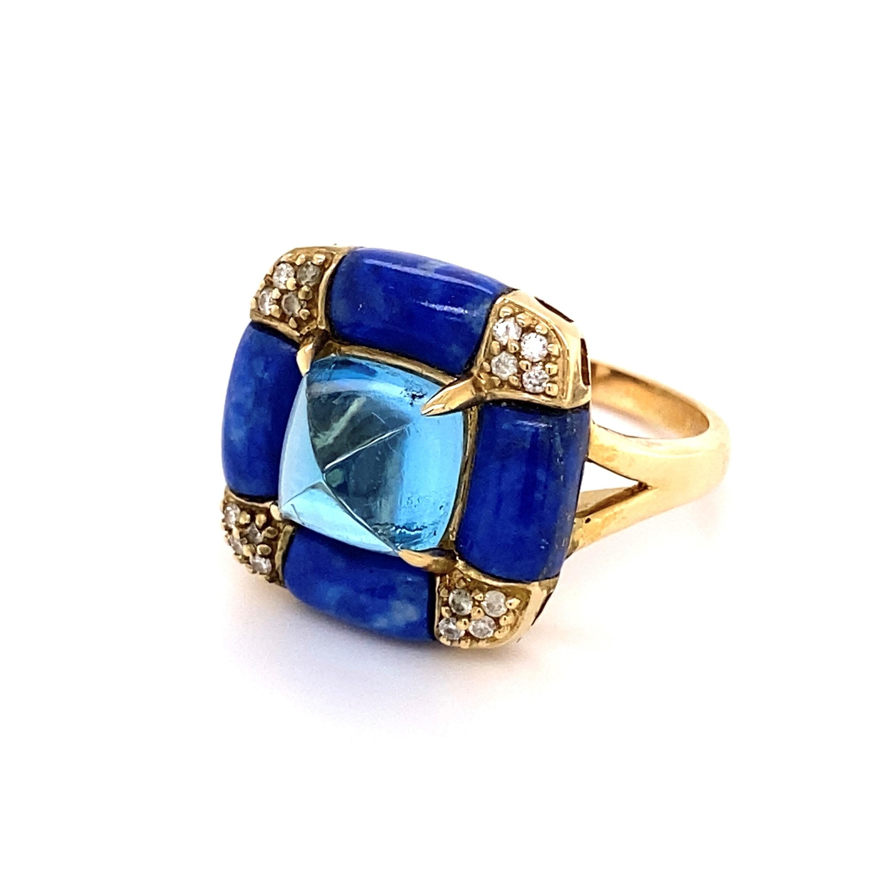 Modern 5.38 Carat Sugarloaf Blue Topaz Lapis and Diamond Ring Estate Fine Jewelry For Sale