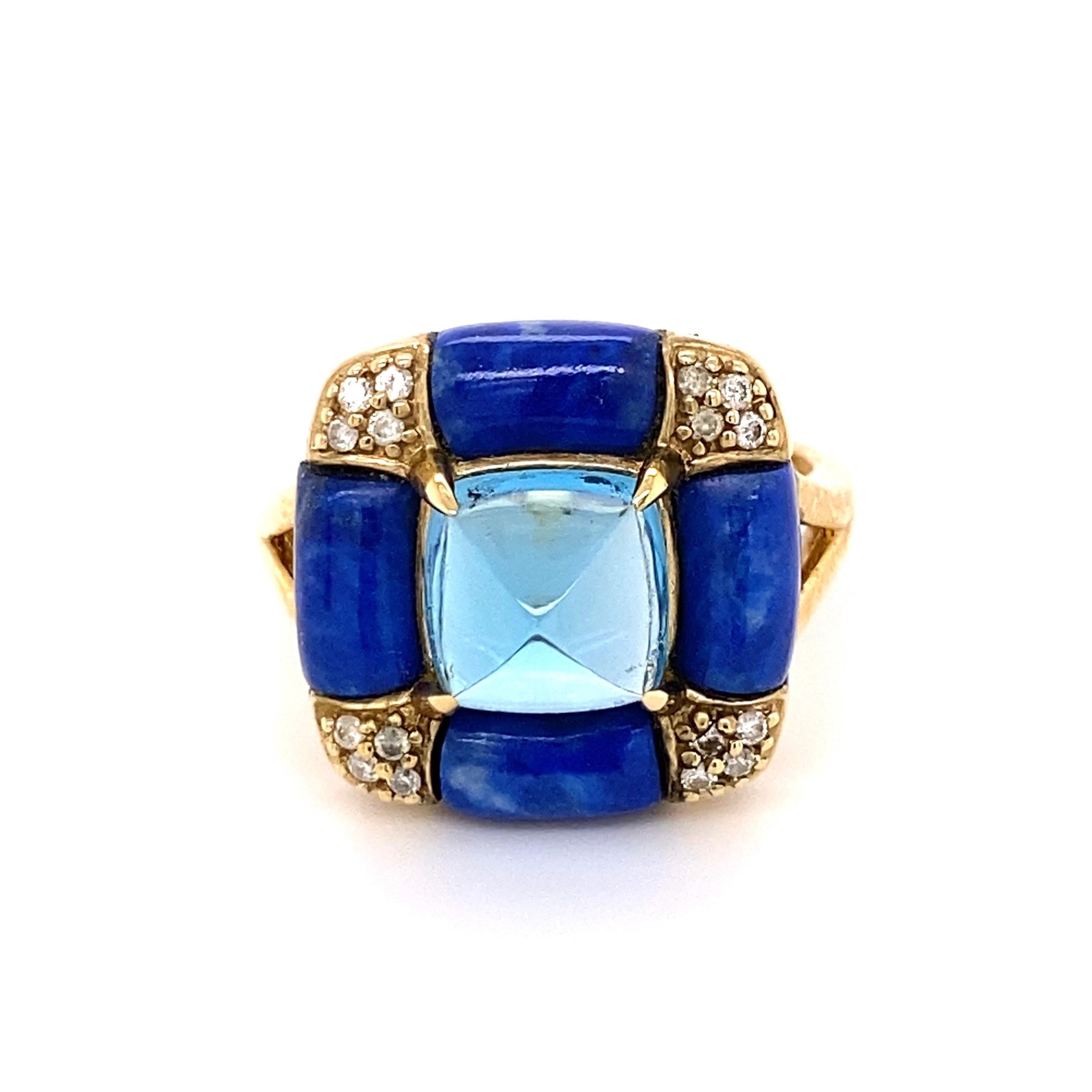 Sugarloaf Cabochon 5.38 Carat Sugarloaf Blue Topaz Lapis and Diamond Ring Estate Fine Jewelry For Sale