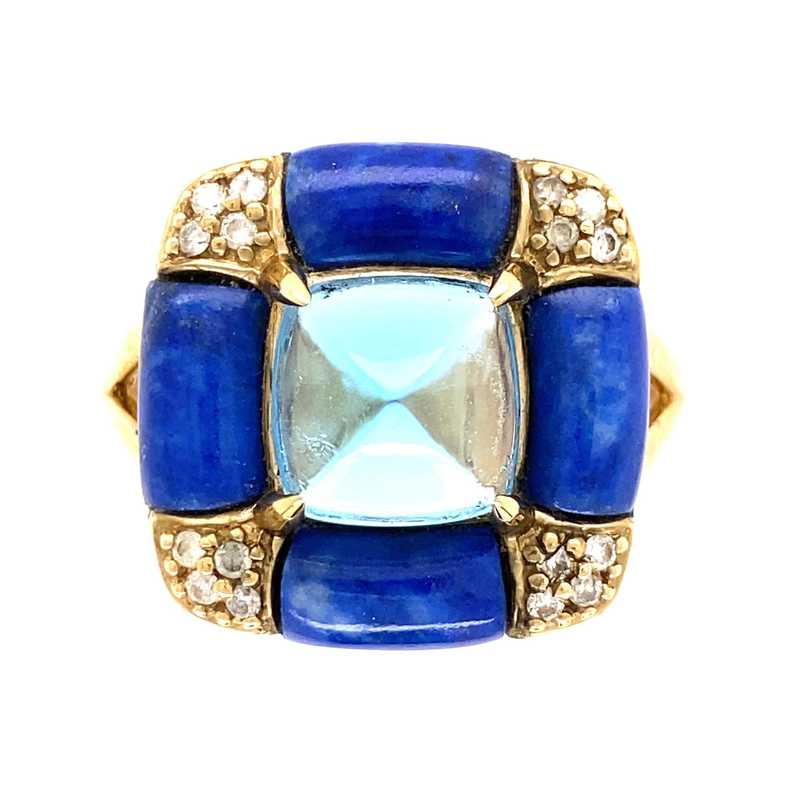 Bague de succession en forme de pain de sucre avec topaze bleue de 5,38 carats, lapis et diamants