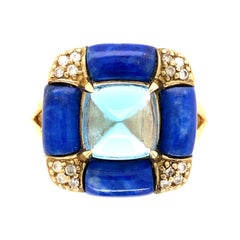 5.38 Carat Sugarloaf Blue Topaz Lapis and Diamond Ring Estate Fine Jewelry