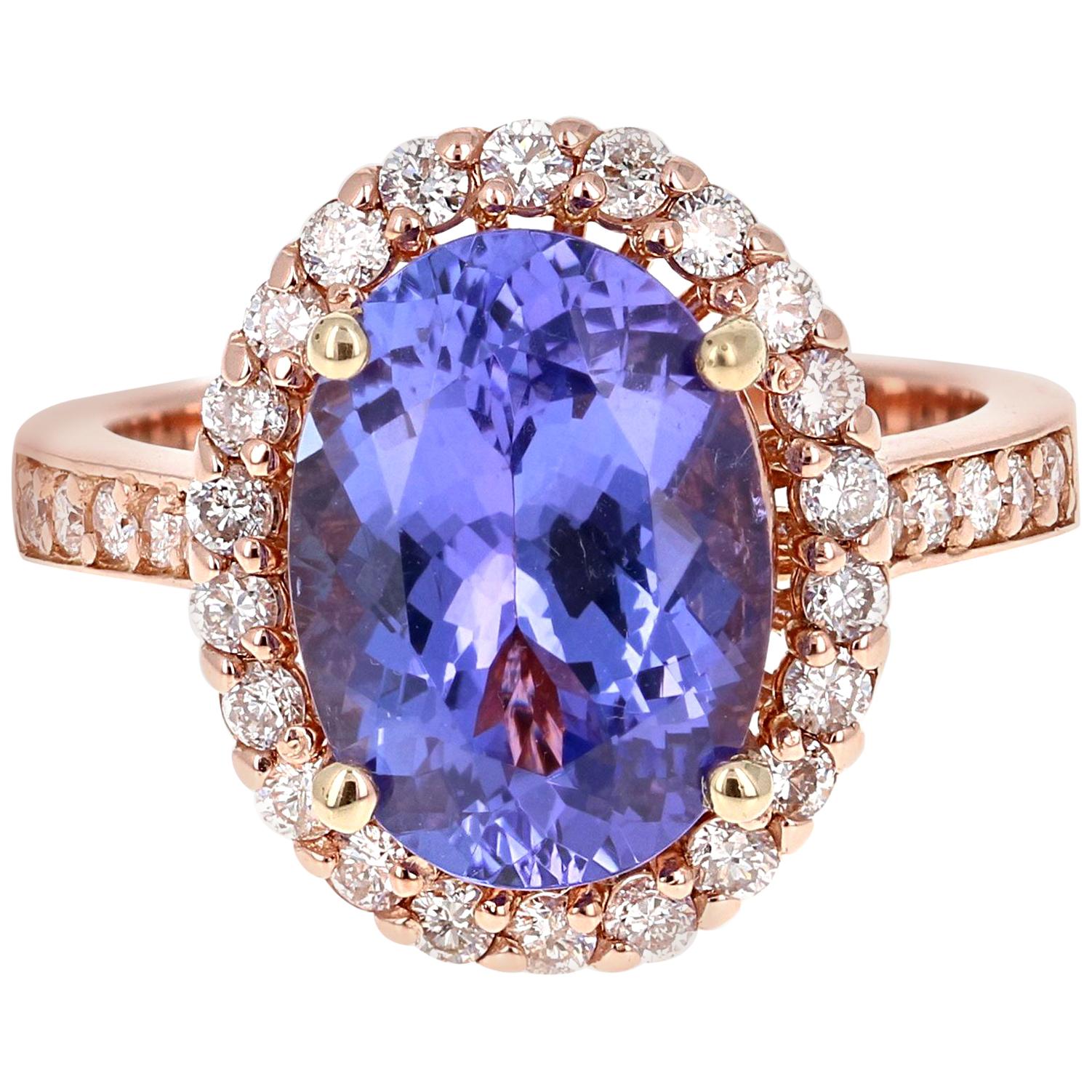 5.38 Carat Tanzanite Diamond Halo 14 Karat Rose Gold Ring For Sale