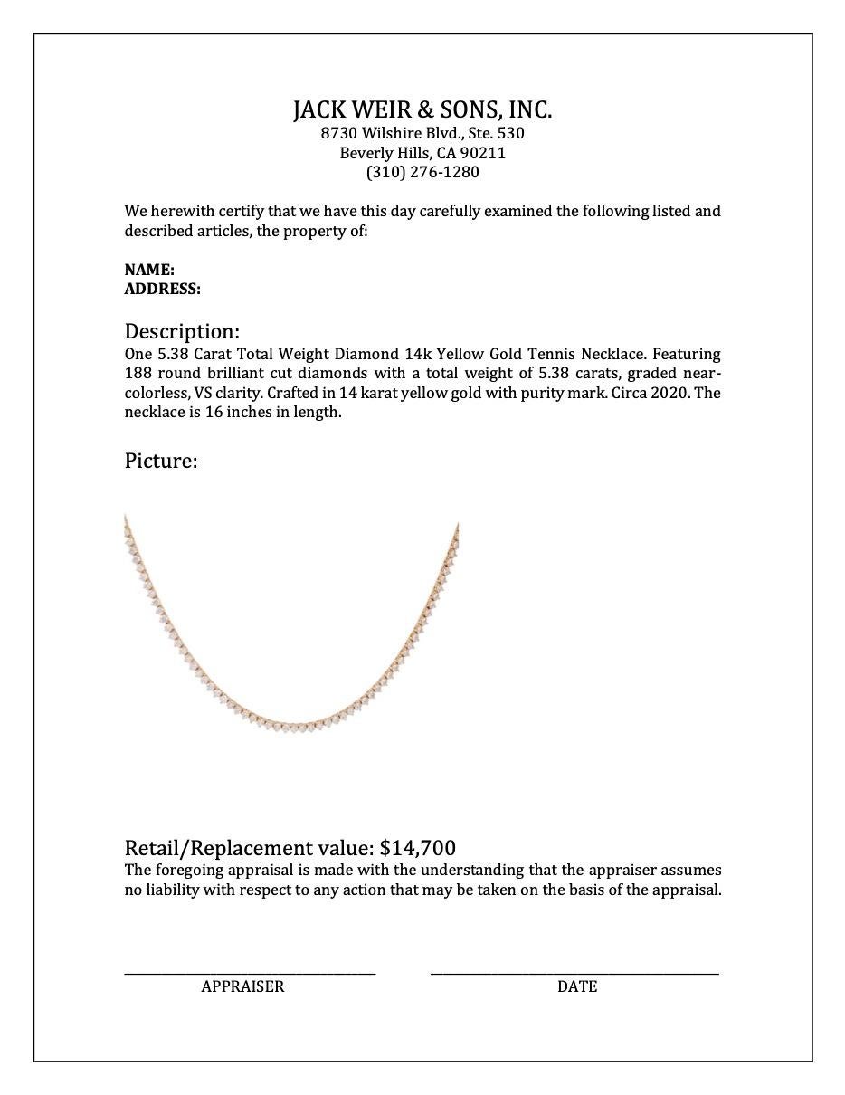 5.38 Carat Total Weight Diamond 14k Yellow Gold Tennis Necklace 2
