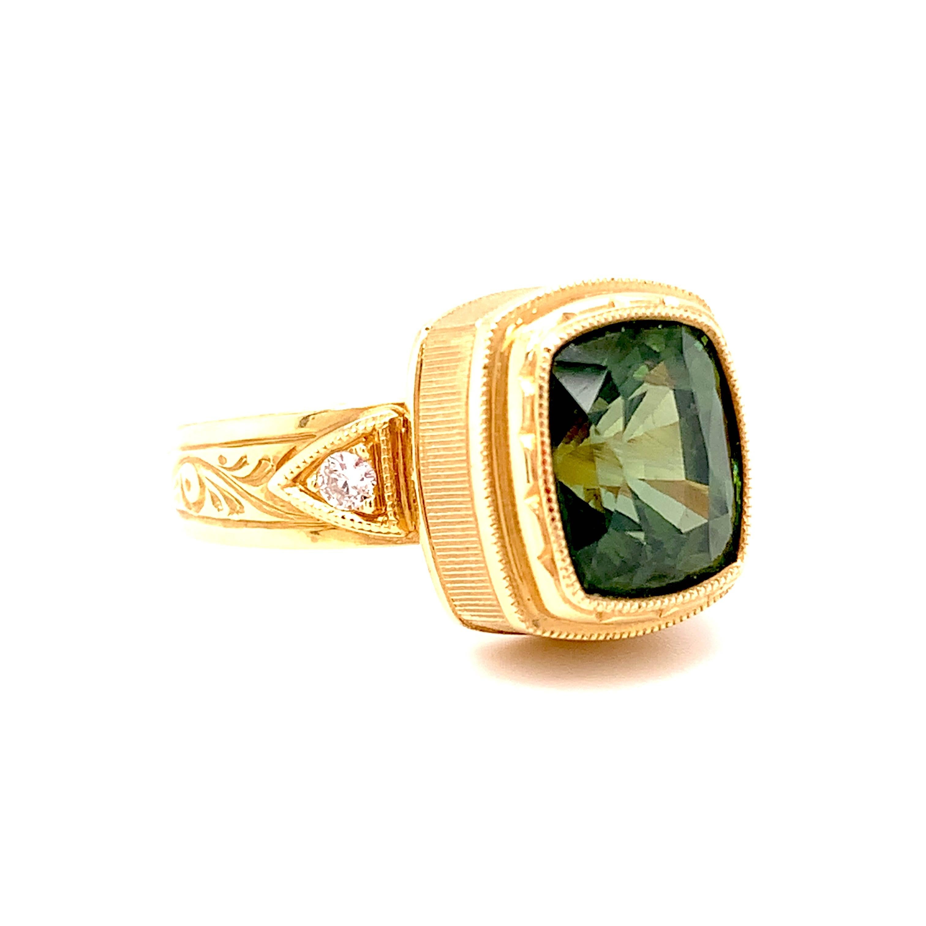 Cushion Cut 5.38 ct. Green Zircon and Diamond Engraved Band Ring in 18k Yellow Gold For Sale