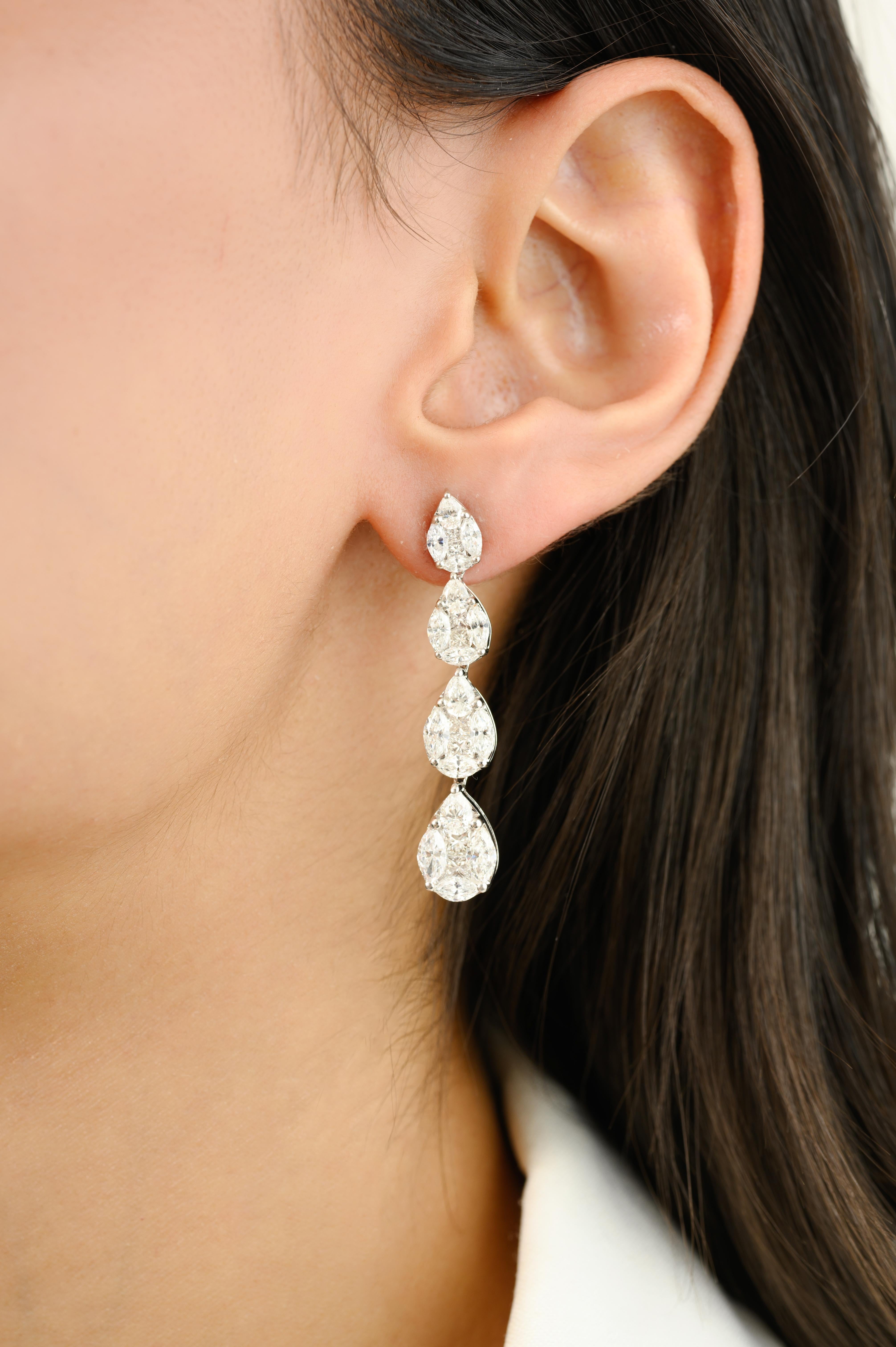 Women's 5.38 CTW Certified Diamond Dangle Drop Earrings for Engagement in 18k White Gold For Sale