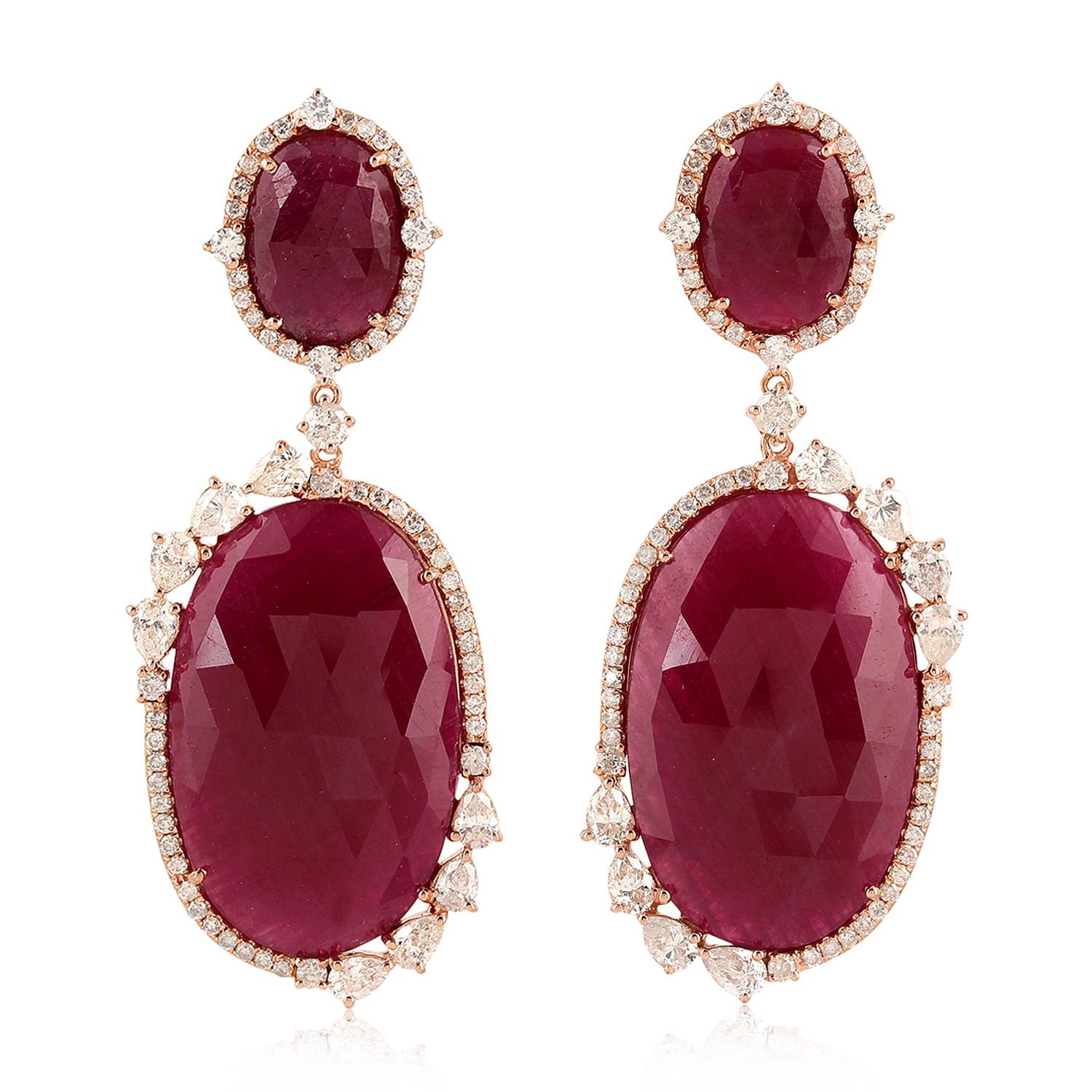 Rose Cut 53.85 Carat Ruby 18 Karat Gold Diamond Earrings For Sale