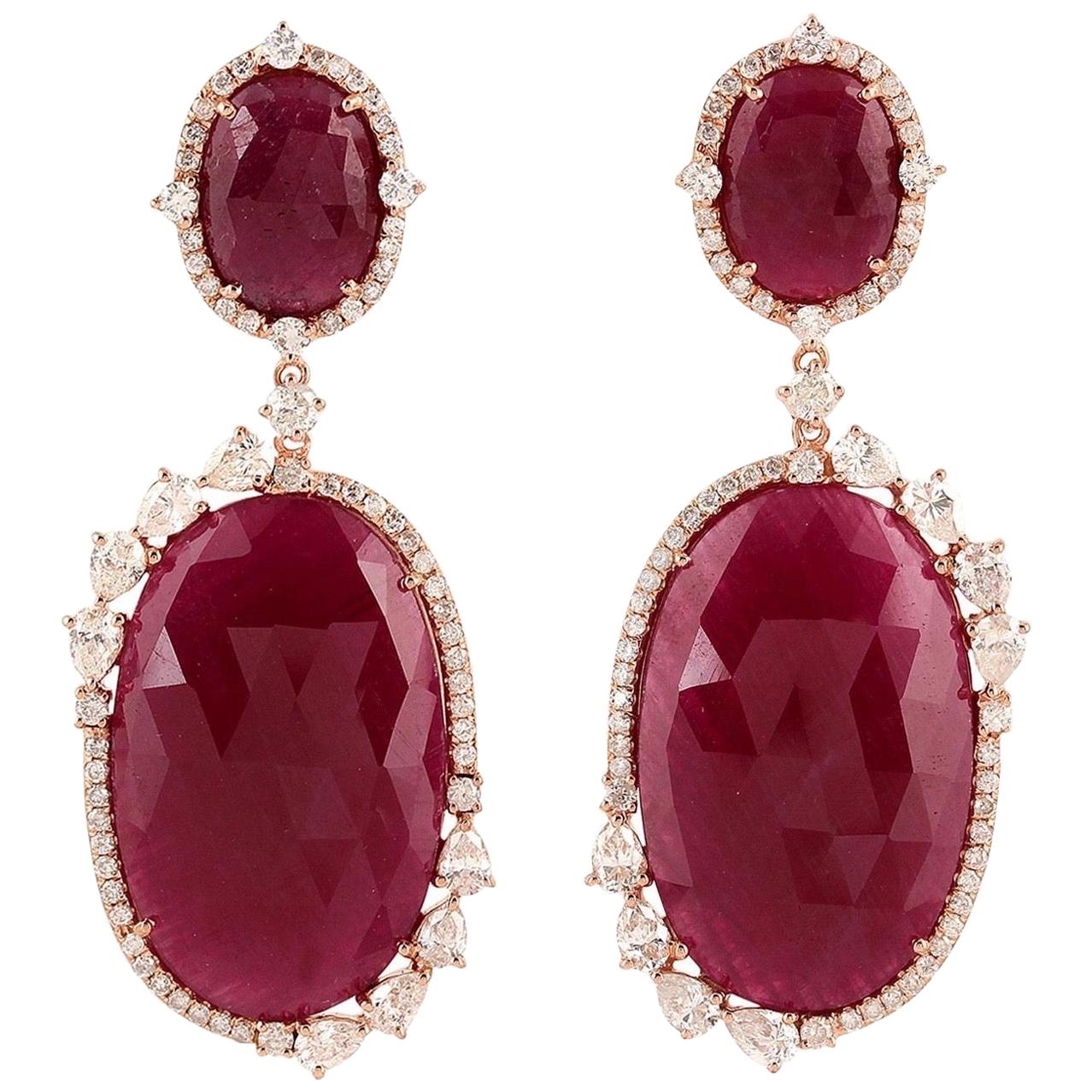 53.85 Carat Ruby 18 Karat Gold Diamond Earrings For Sale