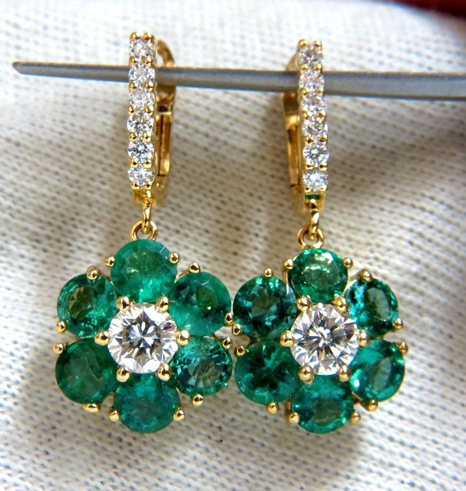 5.38ct Flora Cluster Natural emerald diamond dangle earrings 14kt vivid greens In New Condition In New York, NY