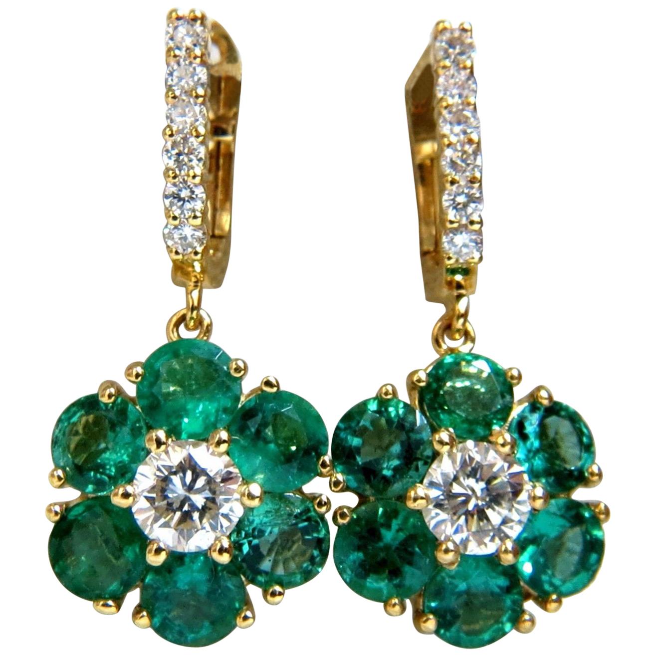 5.38ct Flora Cluster Natural emerald diamond dangle earrings 14kt vivid greens