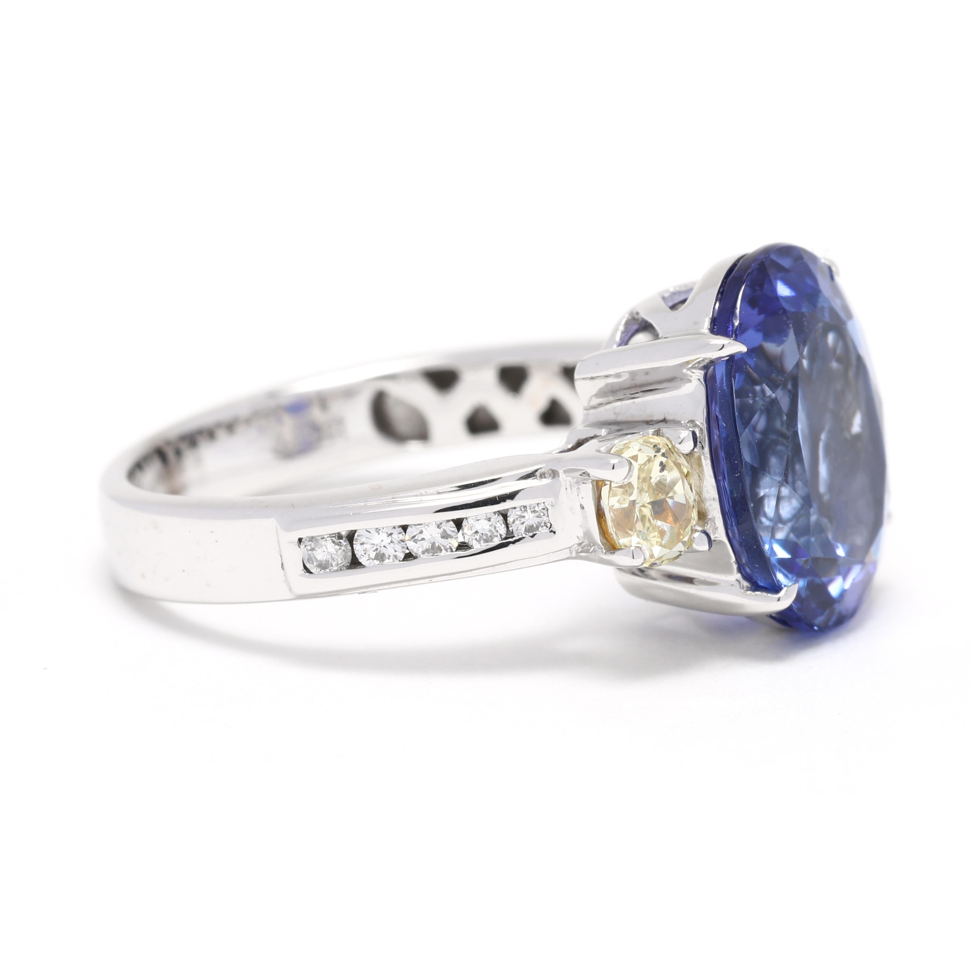 This gorgeous 5.38ctw Tanzanite Diamond Cocktail Ring is the perfect addition to your special day. Crafted with 18K White Gold, this ring features an exquisite 5.38 carat Tanzanite, surrounded by a halo of brilliant round diamonds. The perfect size