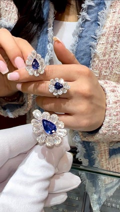 Ceylon Sapphire Diamond Earrings, Pear Shape 5.39ct, 18K White Gold