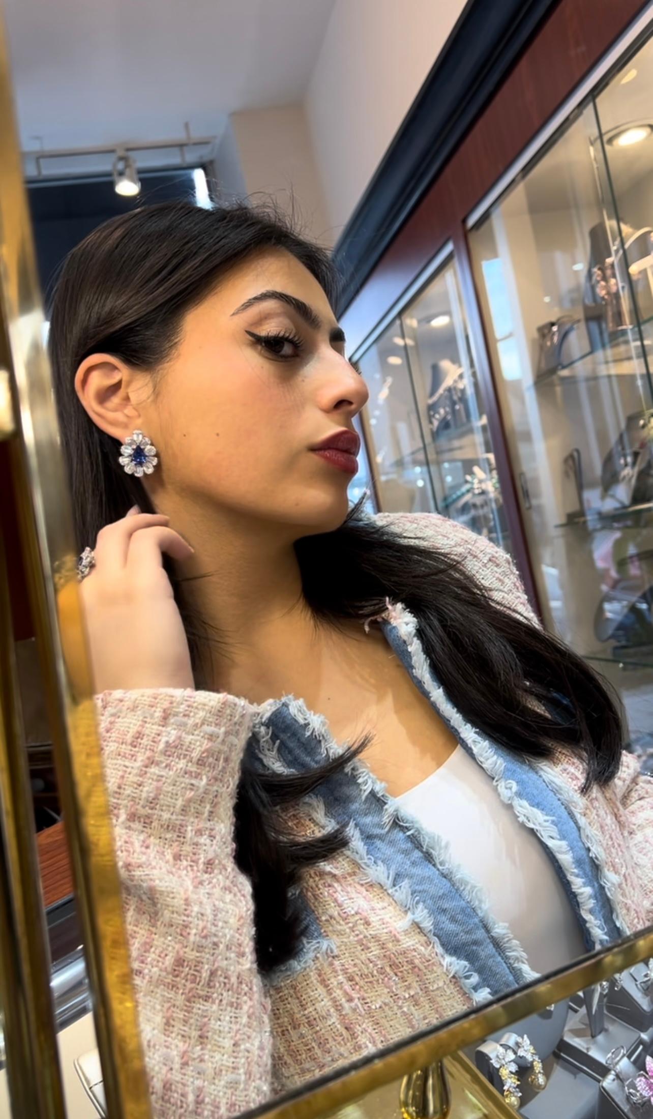 5,39 Karat Ceylan-Birnensaphir & 7,25 Karat Diamant-Fächerohrringe 18k Weißgold im Angebot 1