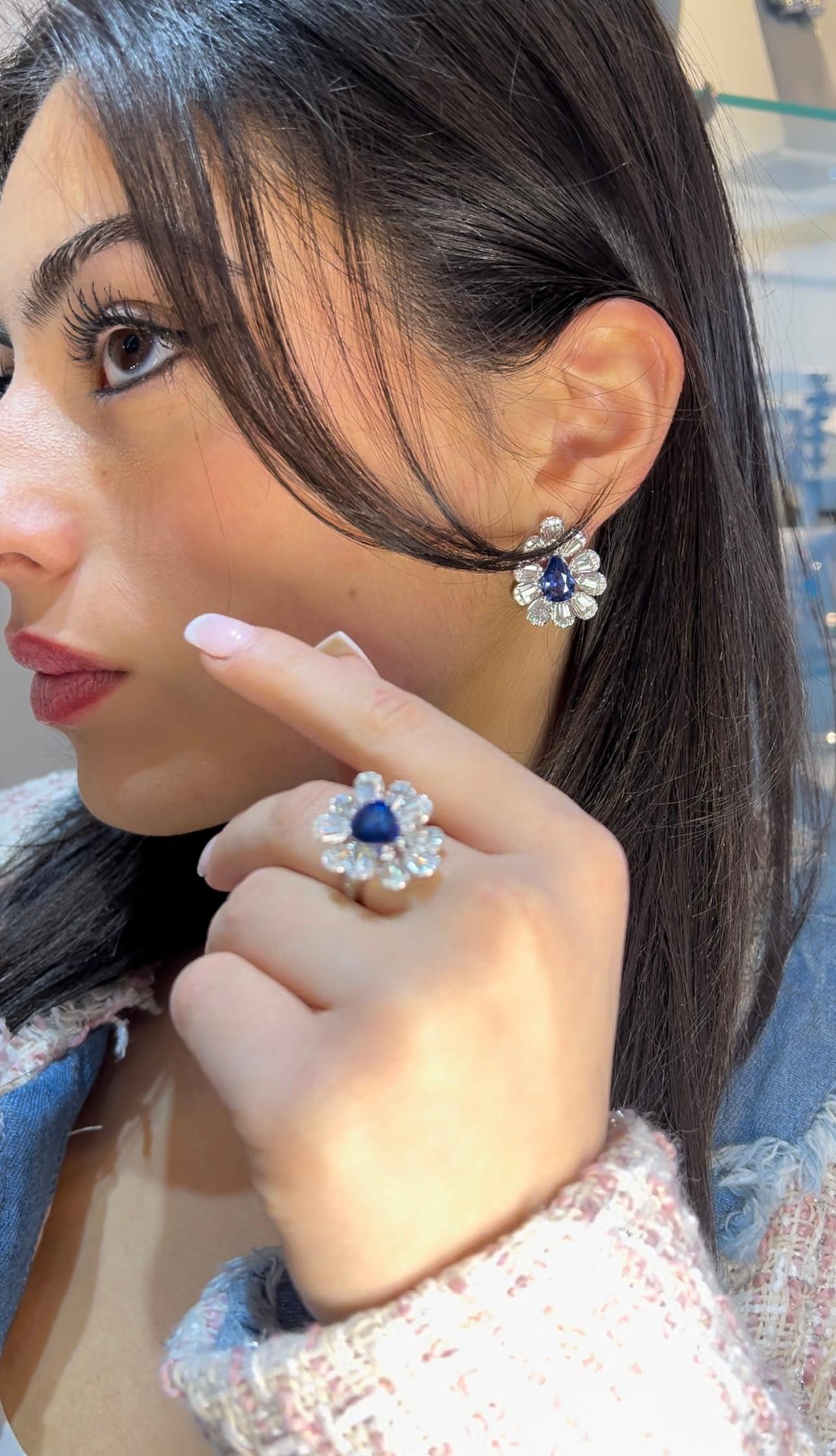 5,39 Karat Ceylan-Birnensaphir & 7,25 Karat Diamant-Fächerohrringe 18k Weißgold im Angebot 3