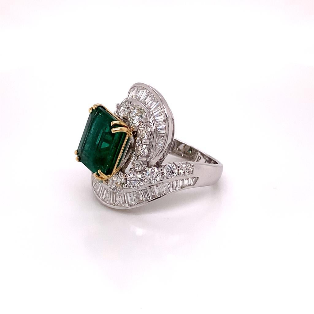Emerald Cut 5.39 Carat Emerald and Diamond Ring in 18K White Gold For Sale