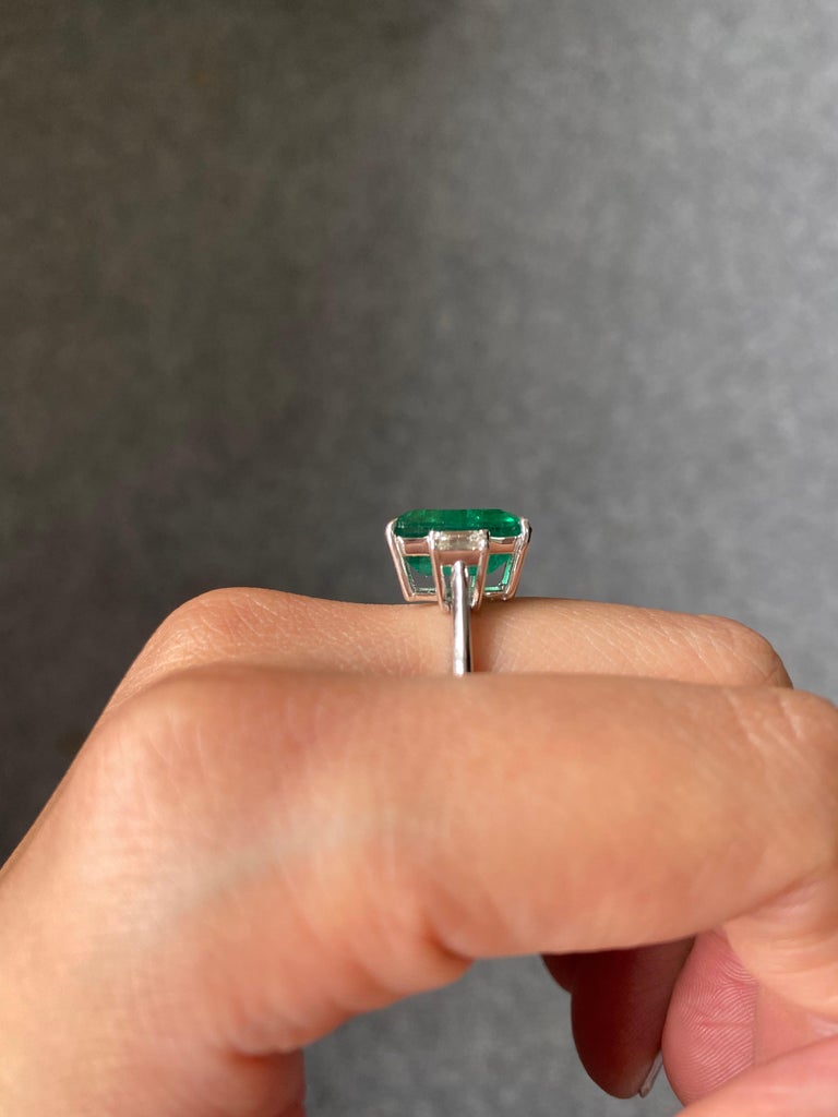 Emerald Cut 5.39 Carat Emerald and Diamond Three-Stone Engagement Ring For Sale