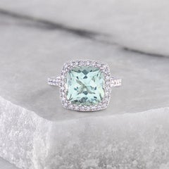 5.39 Carat Green Beryl 18 Carat White Gold Diamond Halo Cocktail Ring