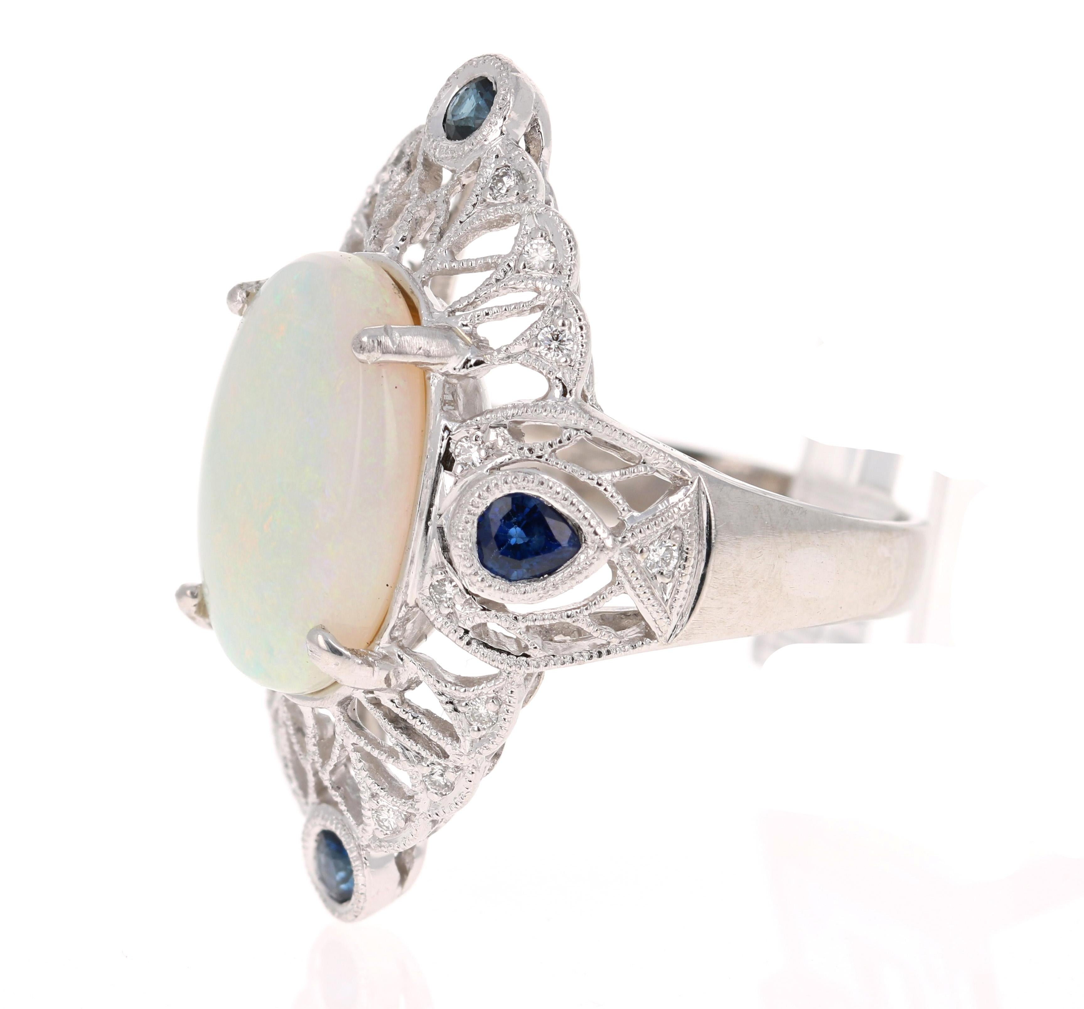Victorian 5.39 Carat Opal Diamond Blue Sapphire Platinum Cocktail Ring For Sale