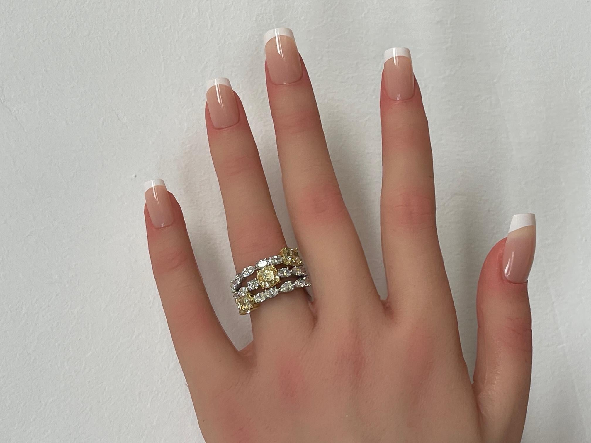 Cushion Cut 5.39 Ctw. Light Yellow and Diamonds Ring in 18K Yellow Gold & Platinum For Sale