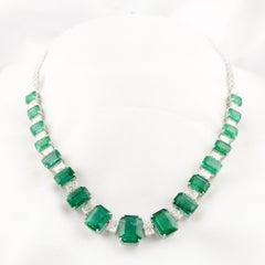53.92 Ct Zambian Emerald 11.79 Ct Diamond Statement Necklace 18K White Gold