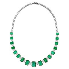 53.92 Ct Zambian Emerald 11.79 Ct Diamond Statement Necklace 18K White Gold