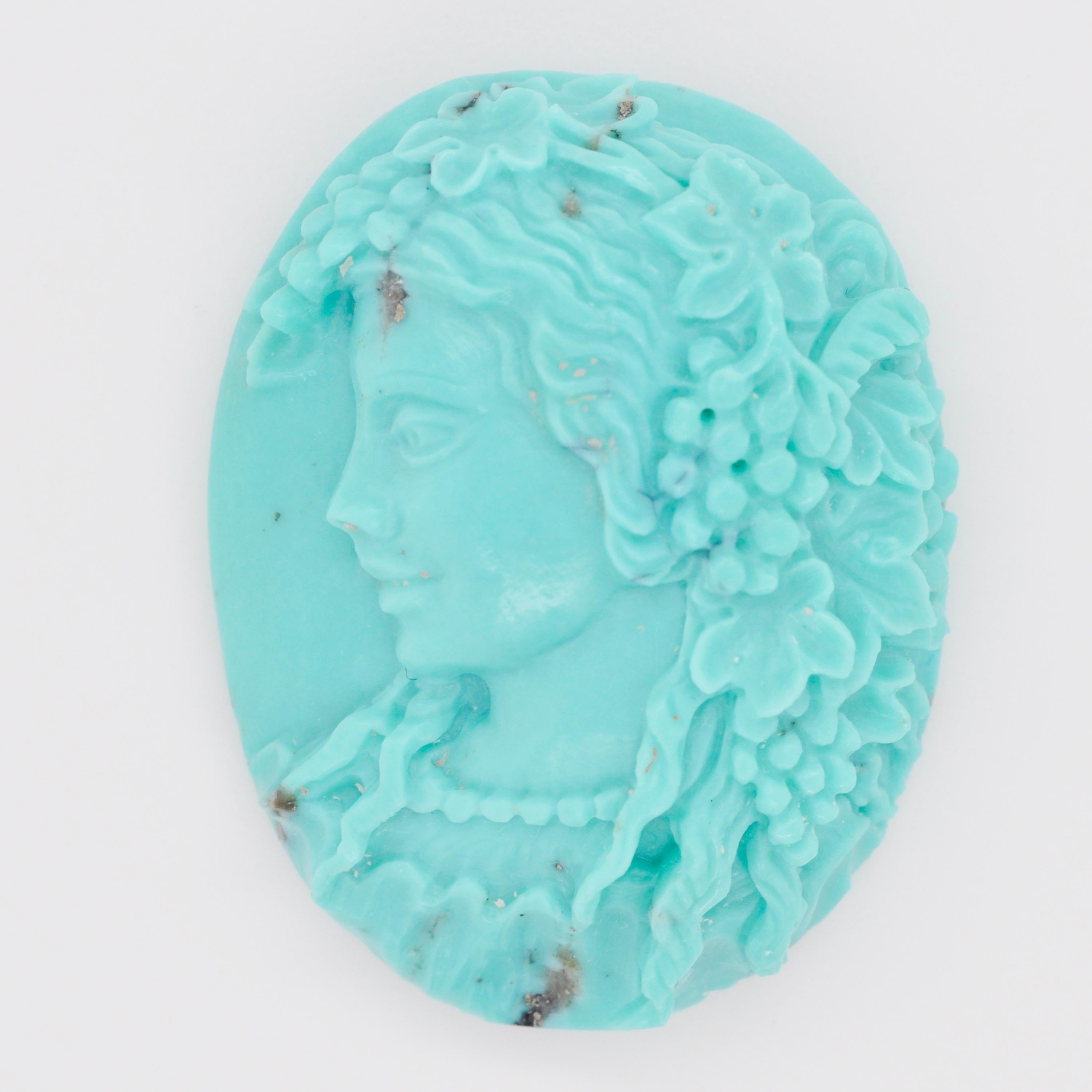Mixed Cut 53.94 Carats Natural Arizona Turquoise Lady Cameo Carving Pendant Brooch For Sale