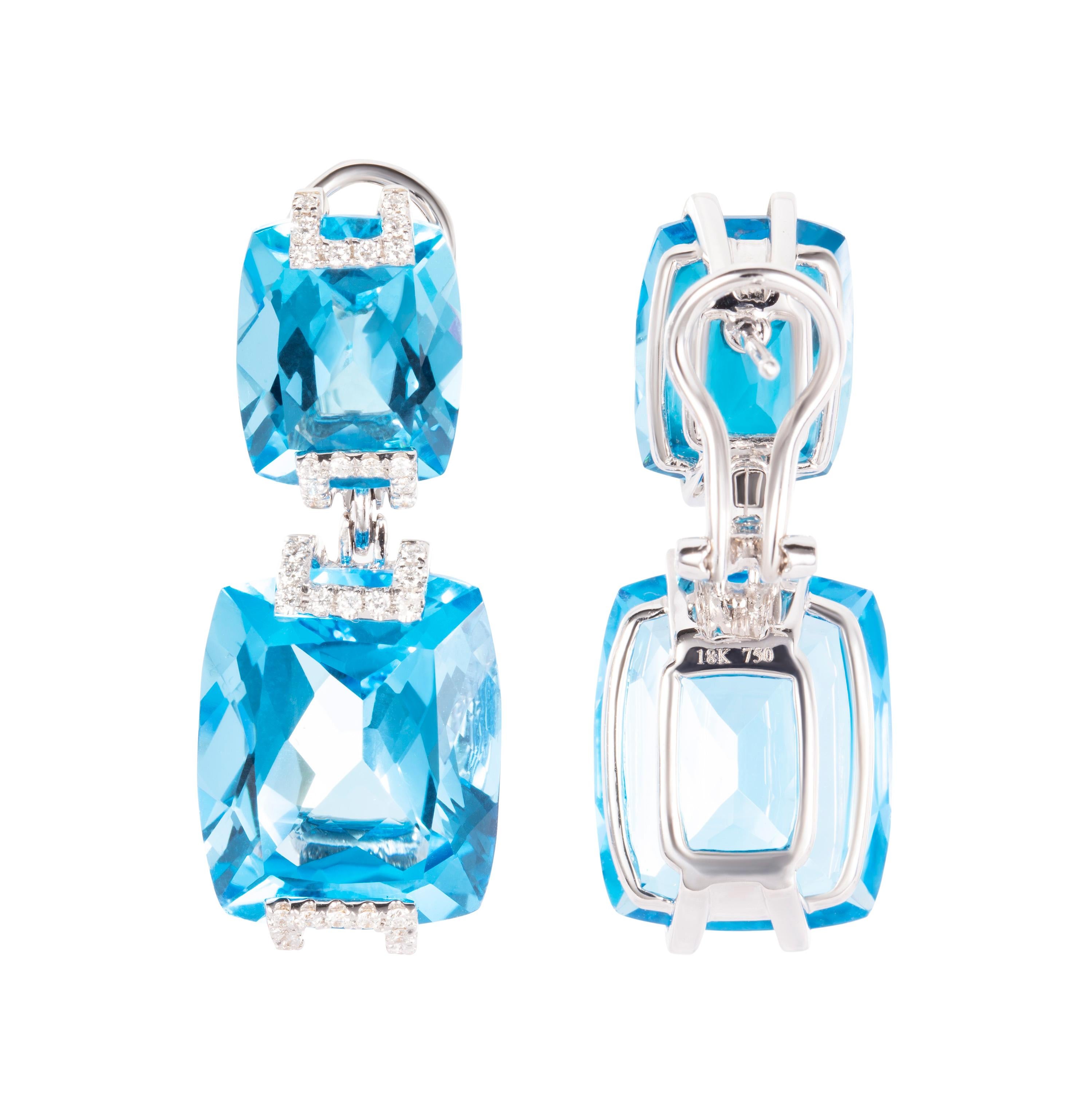 Contemporary 53.96 Carat Cushion Blue Topaz Diamond 18 Karat White Gold Dangle Drop Earrings