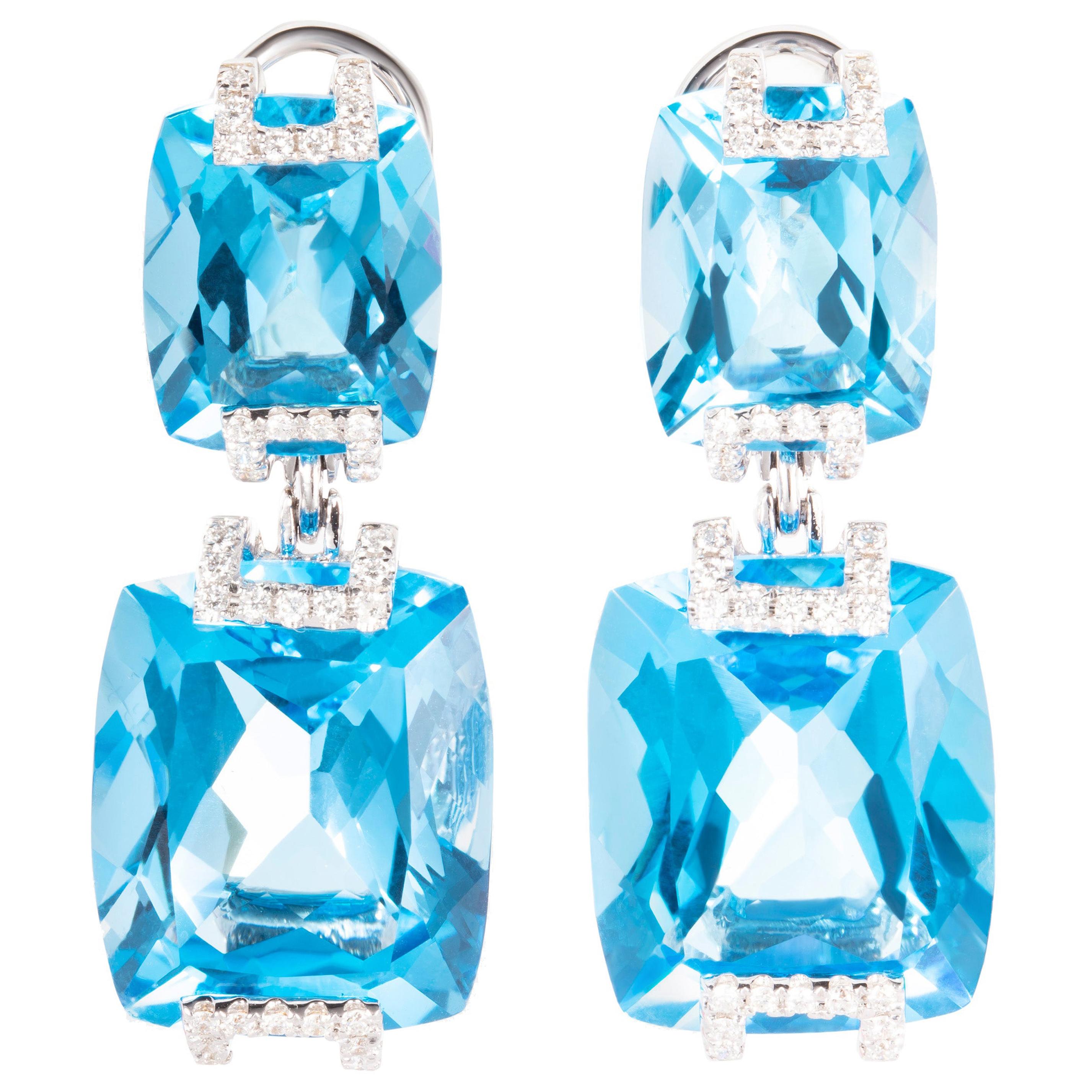 53.96 Carat Cushion Blue Topaz Diamond 18 Karat White Gold Dangle Drop Earrings