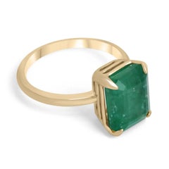 5.39ct 14K Natural Mossy Green Emerald Cut Emerald Solitaire Four Prong Ring