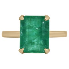 5.39ct 14K Natural Mossy Green Emerald Cut Emerald Solitaire Four Prong Ring