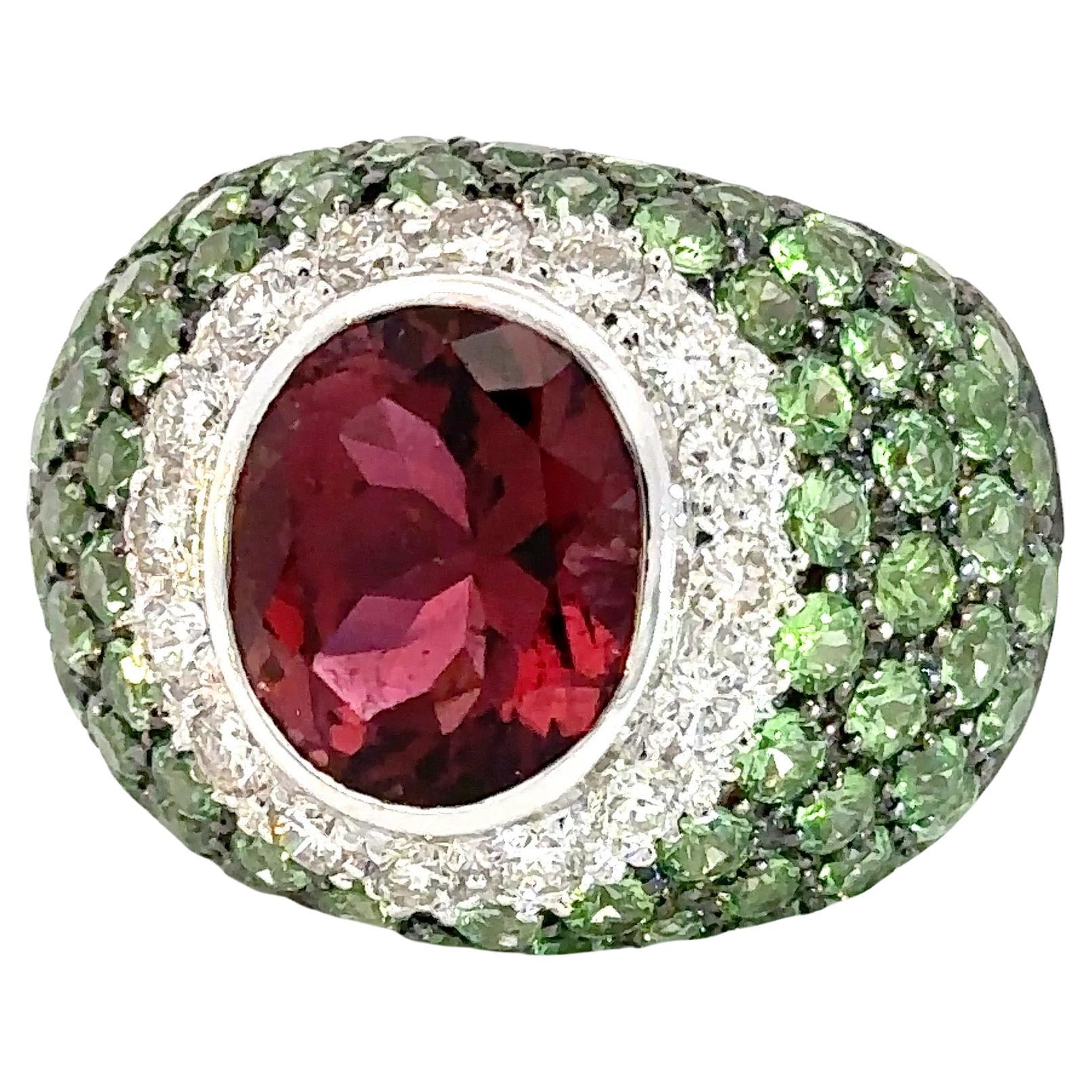 5.39ct Pink Tourmaline, Green Tsavorite and Diamond Cocktail Ring in 18kt White For Sale