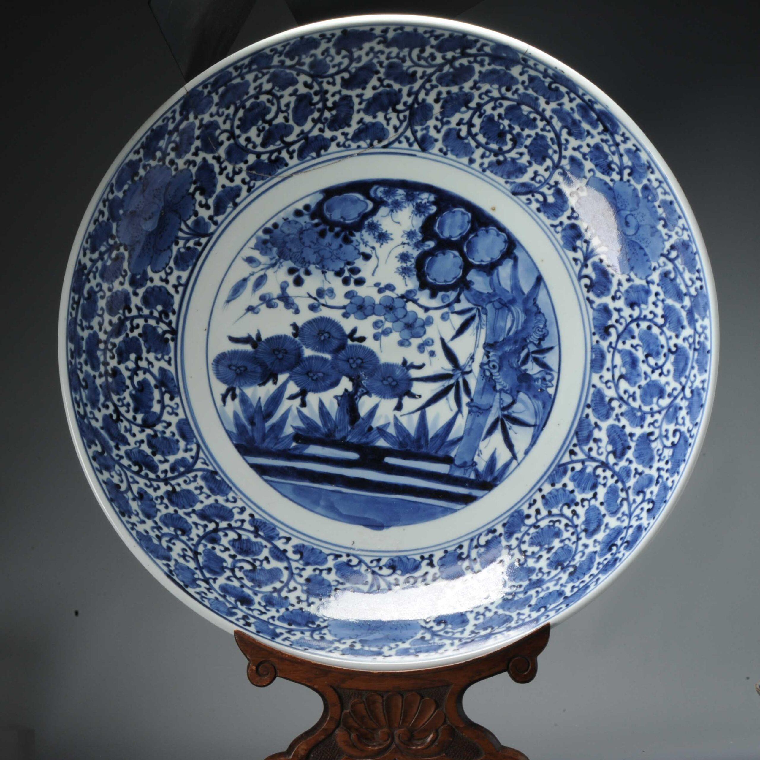 Antique Kraak Edo Period 1680-1690 Japanese Porcelain Huge Charger Arita For Sale 3