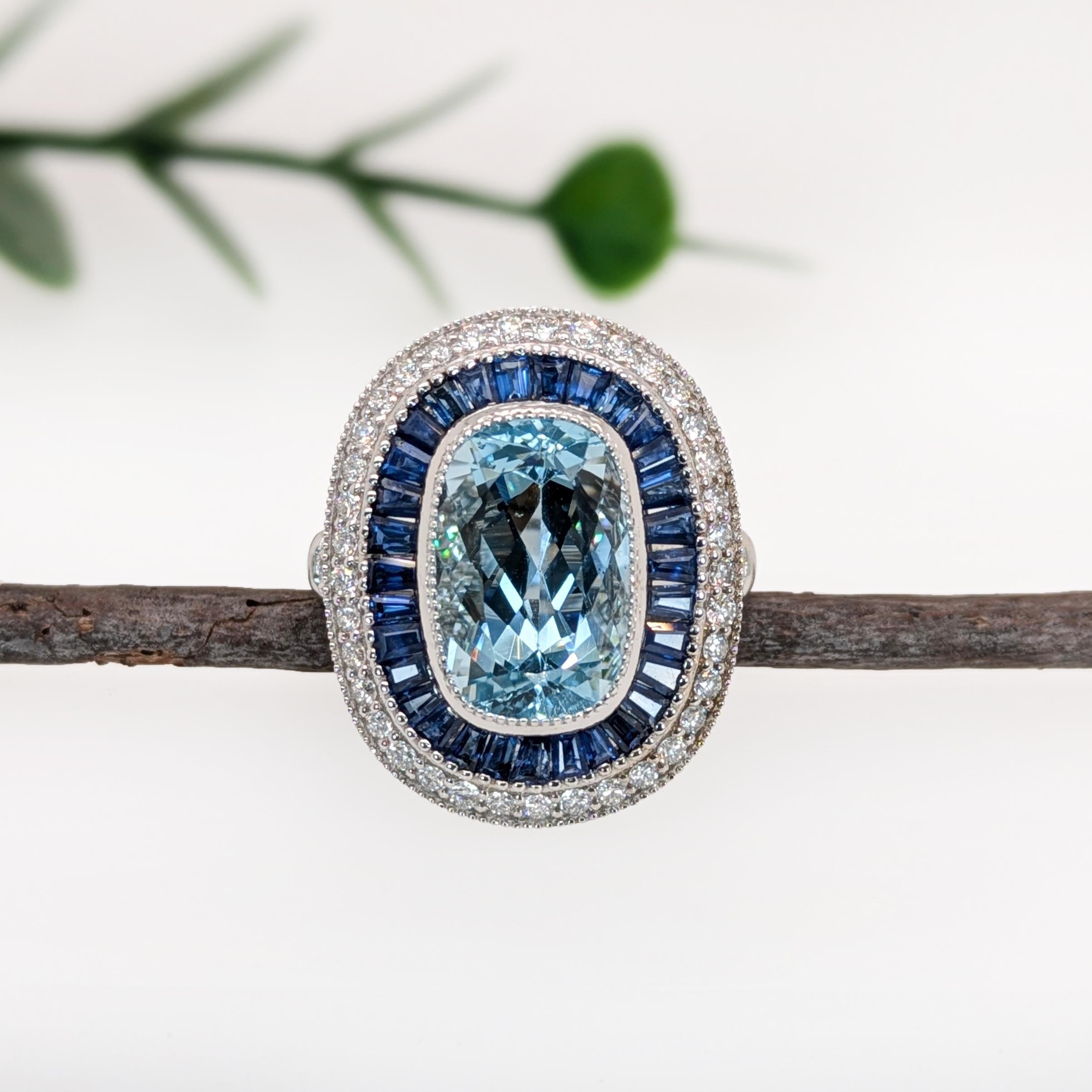 Modern 5.3ct Aquamarine Ring w Sapphire and Diamond Accents in 14K Gold  OV 13x9mm