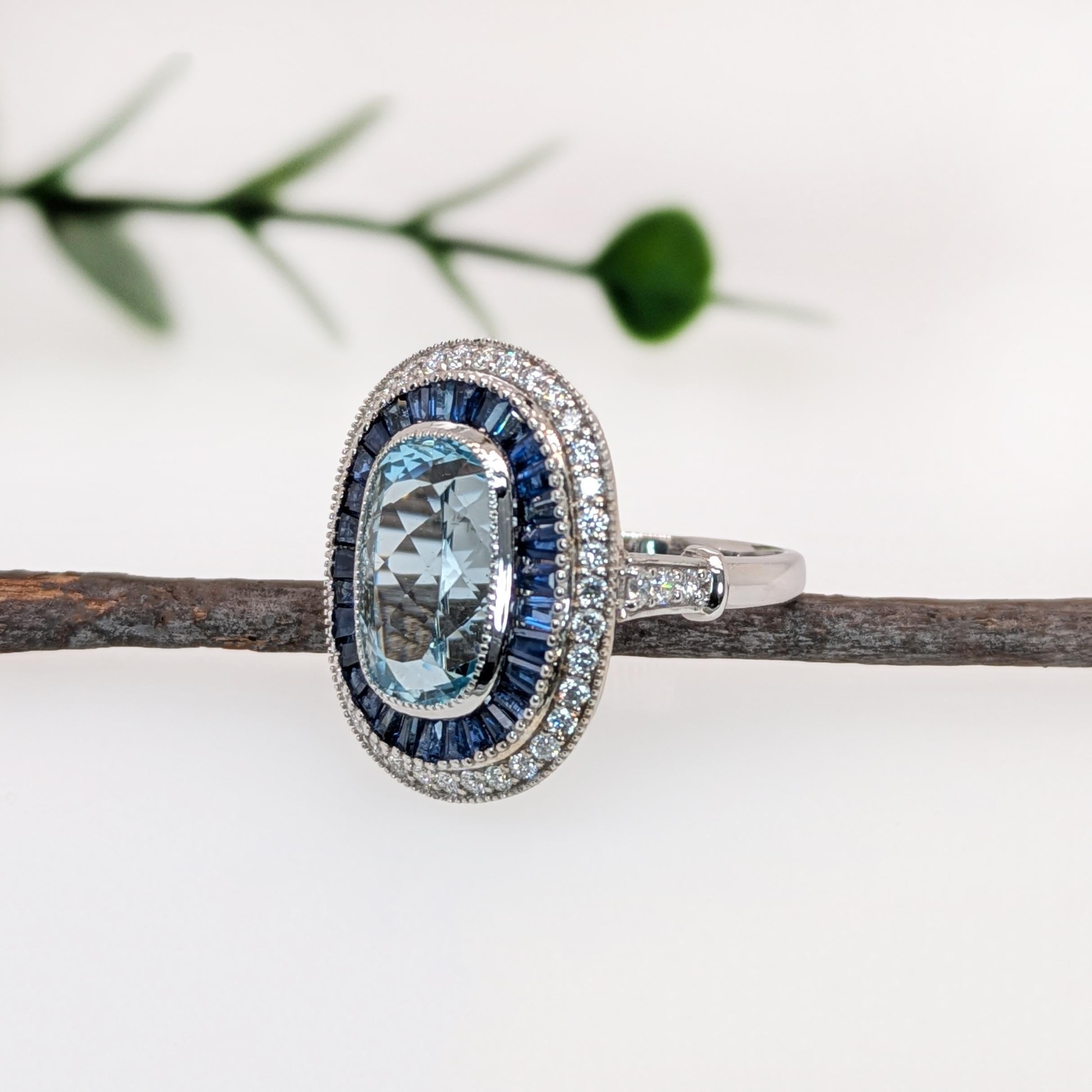 Oval Cut 5.3ct Aquamarine Ring w Sapphire and Diamond Accents in 14K Gold  OV 13x9mm